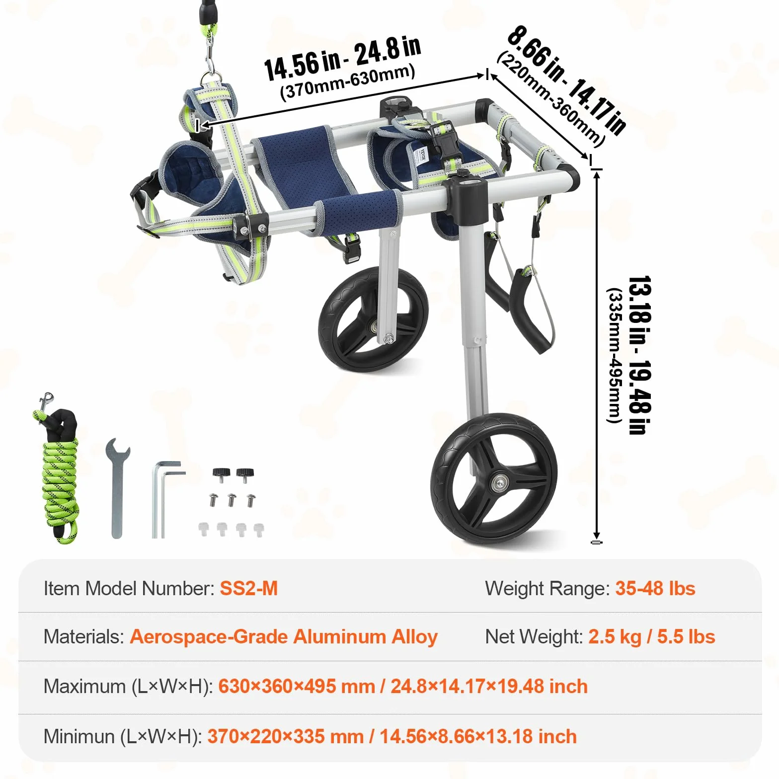 VEVOR Fauteuil Roulant pour Chien 2 Roues, Fauteuil Roulant pour Animaux de Compagnie Léger Réglable pour Guérison Membres Postérieurs