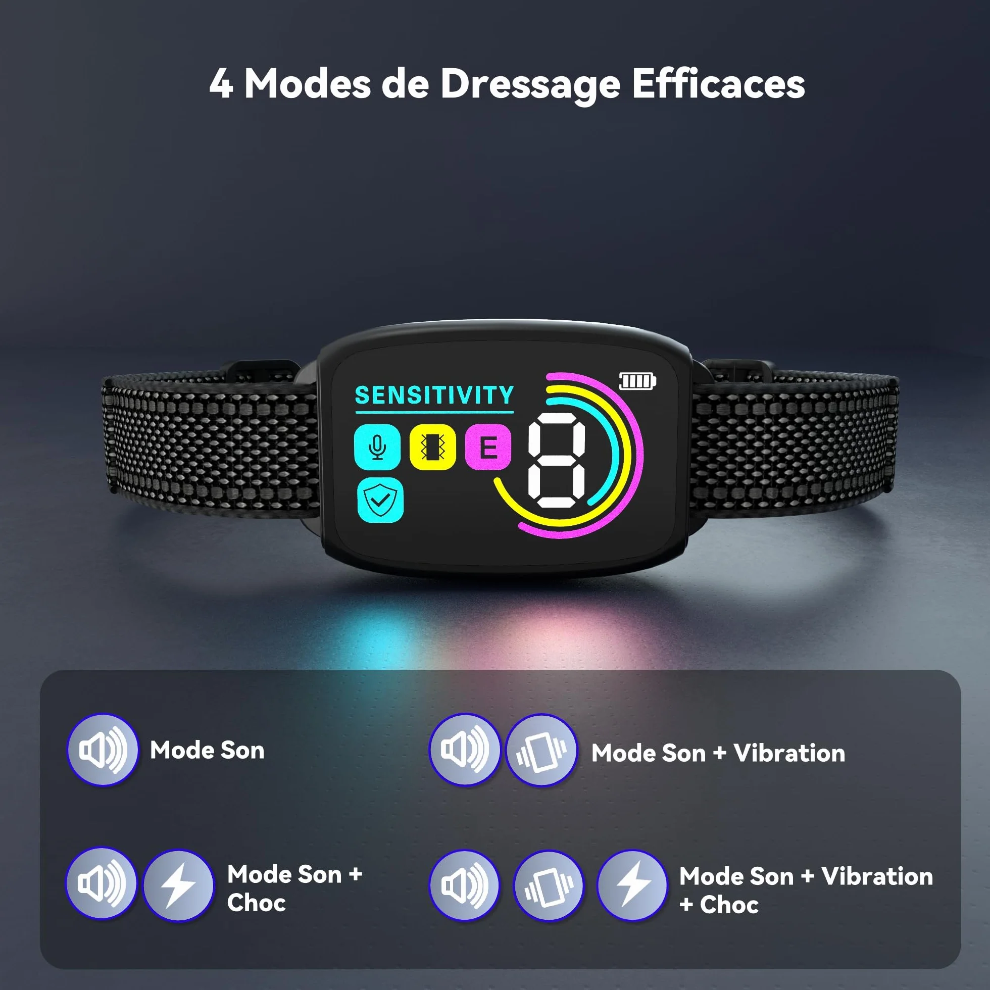 Collier Anti Aboiement Chien, Détection Intelligente, 4 Modes Vibration/Choc/Son, 8 Niveaux, Rechargeable