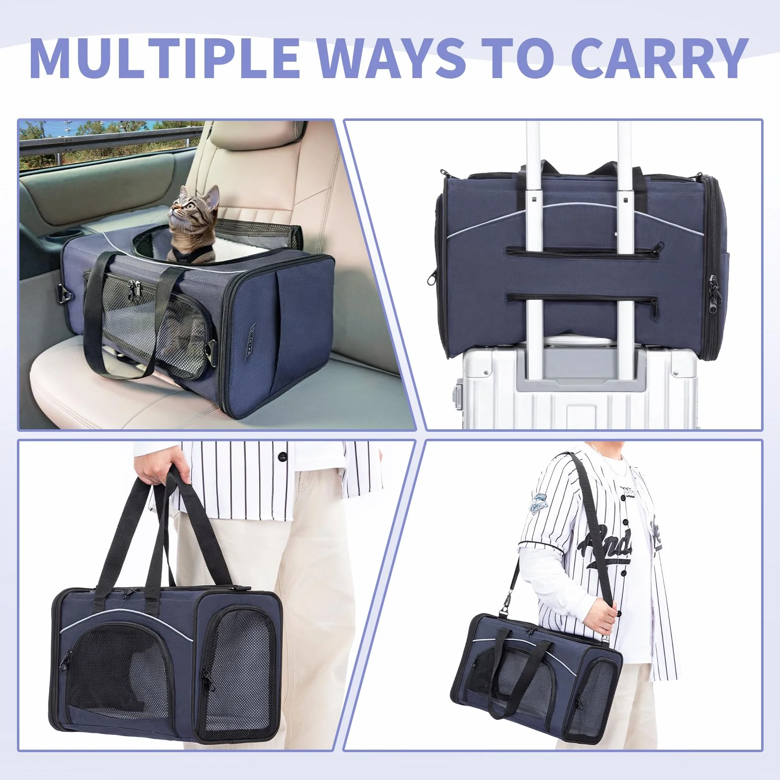 Petsfit Sac de Transport pour Chat Chien Pliable avec 2 Coussins Lavable, pour Voyage Avion Voiture, Bleu