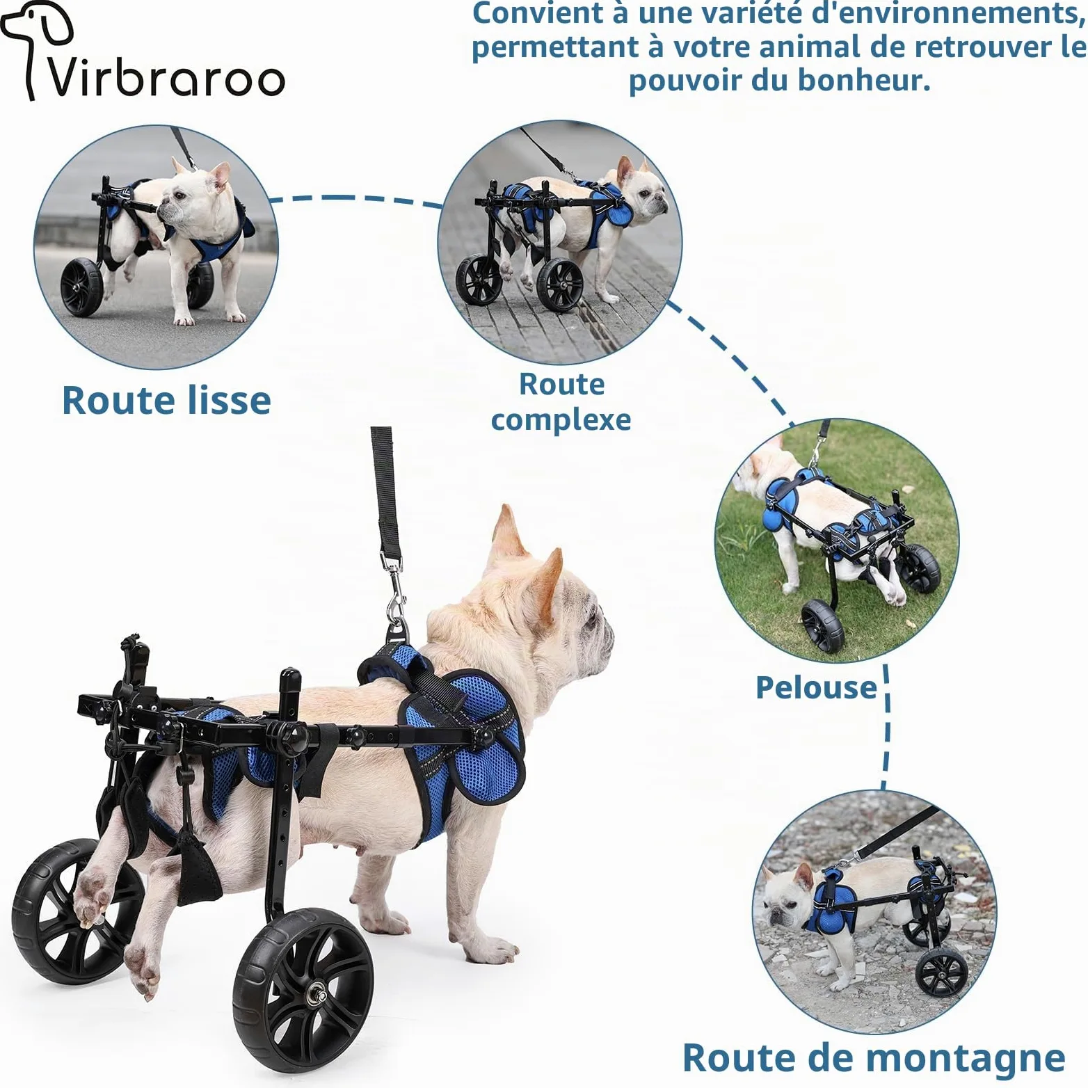 Fauteuil roulant Pvirbravoo Dlm-01 - Pneus tout-terrain améliorés pour petit chien - Fauteuil roulant réglable pour chien - Design de sécurité réfléchissant pour pattes arrière handicapées ou blessées