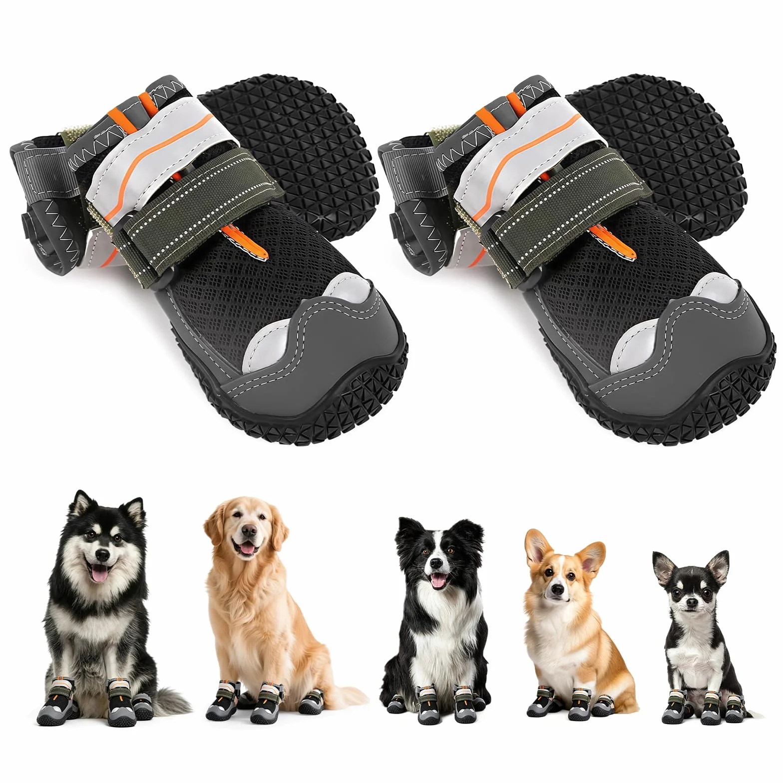 Bottes Chien avec Bandes Réfléchissantes, Chaussures Respirantes Semelle Antidérapante Neige Randonnée (6.1 x 8 cm)