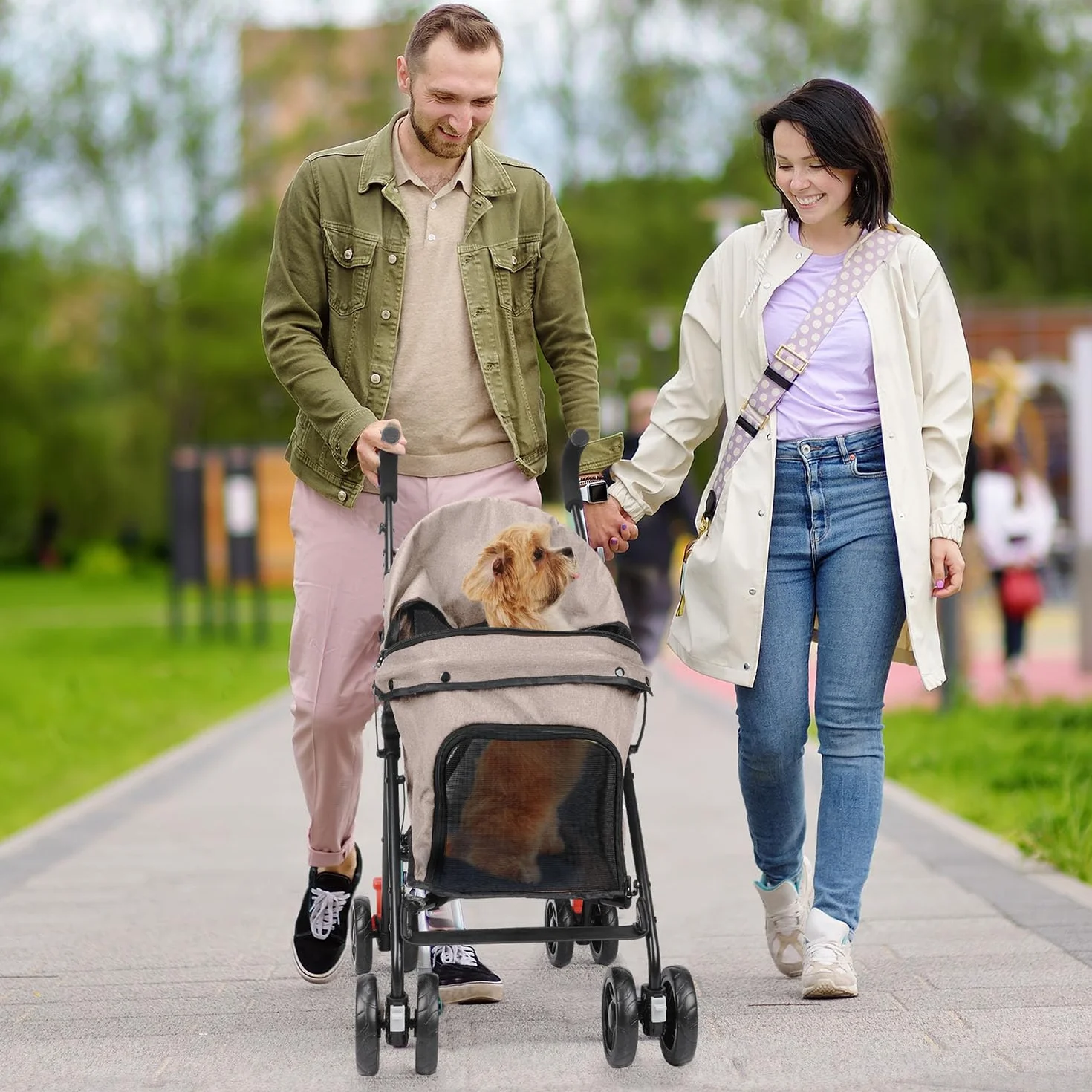 Poussette pour chien taille moyenne pliable 15 kg 4 roues porte-gobelet roues avant rotatives 360°