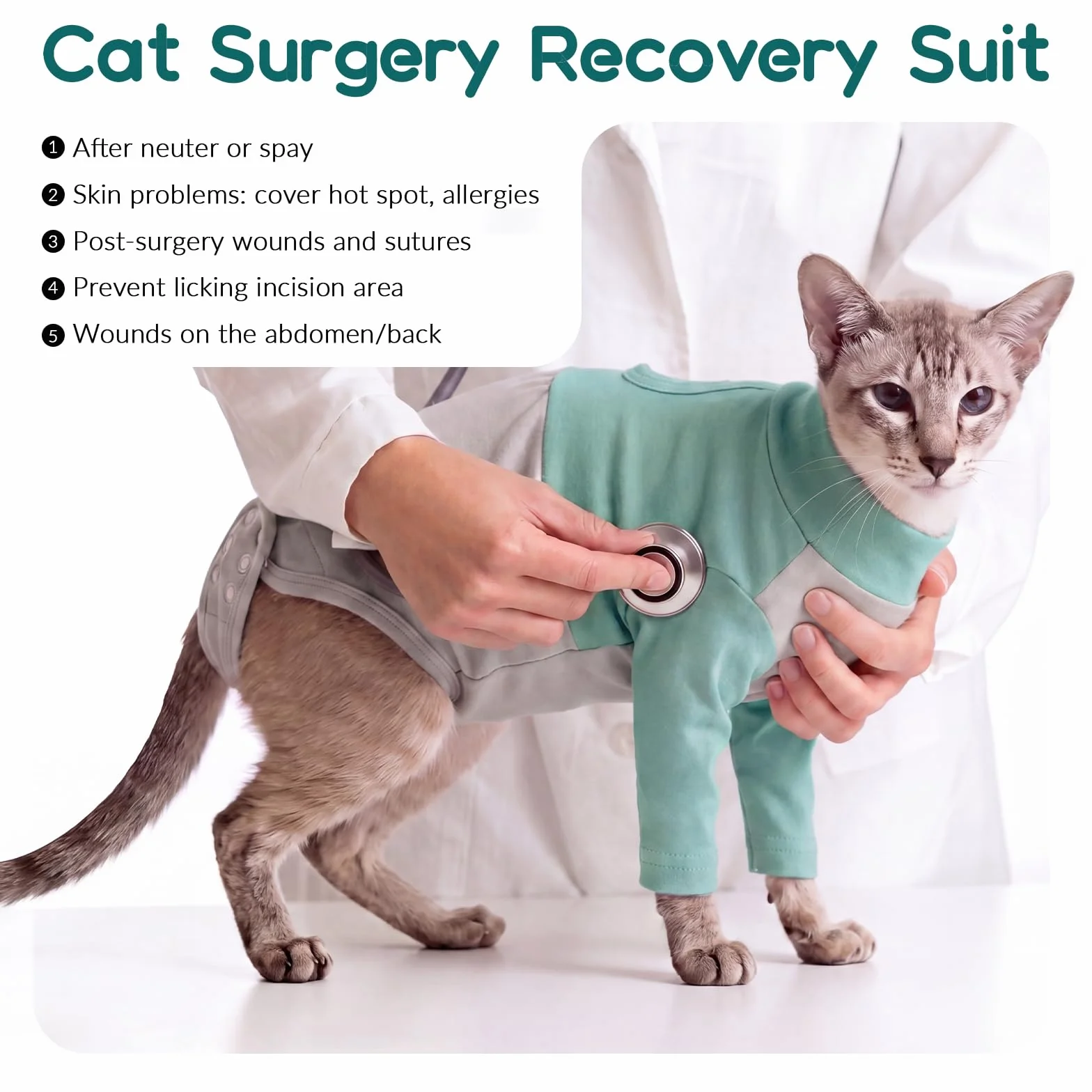 Body Post Opératoire Chat Doux Après Stérilisation Gilet Récupération Manchon Pattes Avant Empêche Lécher Points Suture (Vert L)