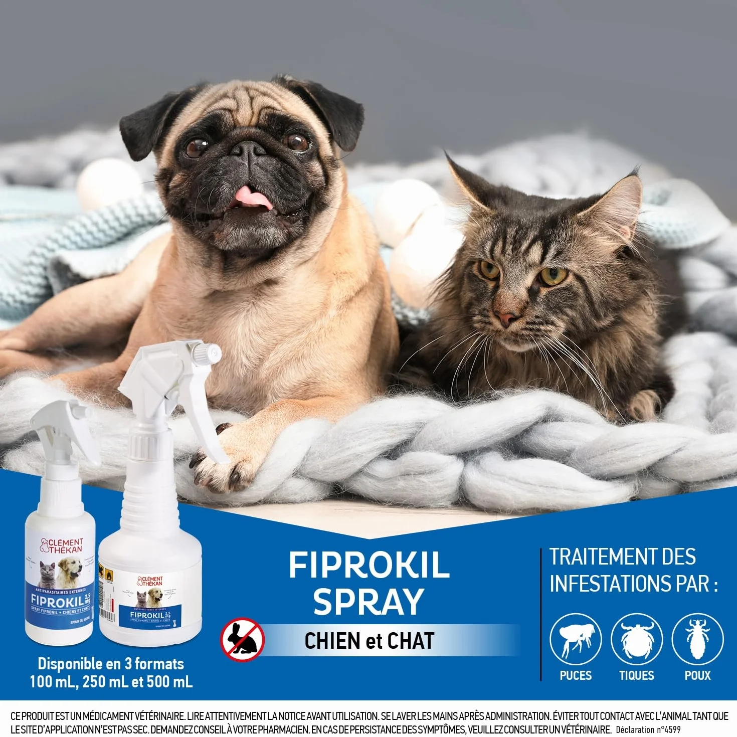 Clément Thékan Fiprokil Spray 500 ML Traitement puces tiques poux chats chiens