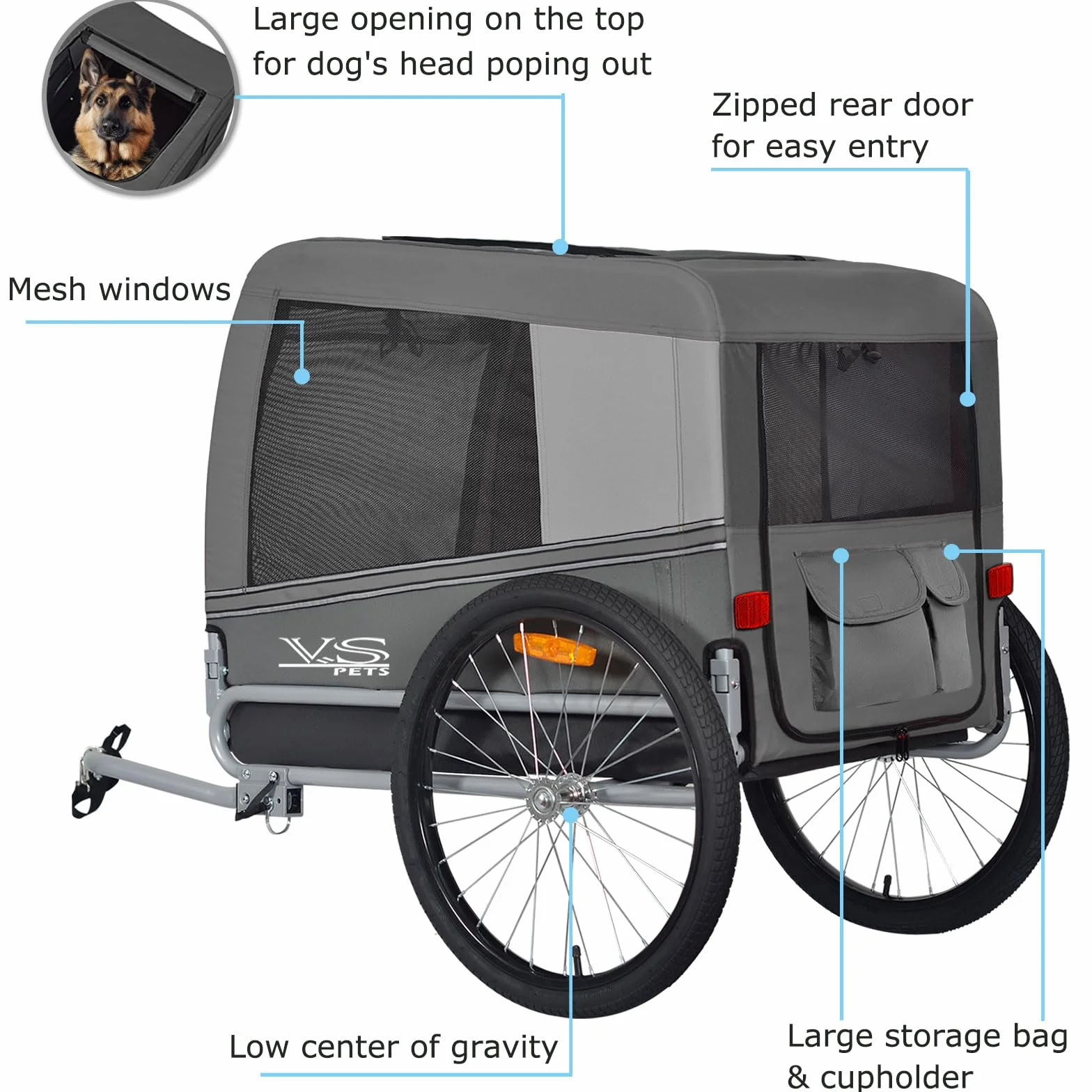 Tiggo VS Pets L Remorque de vélo pour chien - Volume : environ 270 l - Pour chiens de taille moyenne et grande jusqu'à 35 kg - Pliable