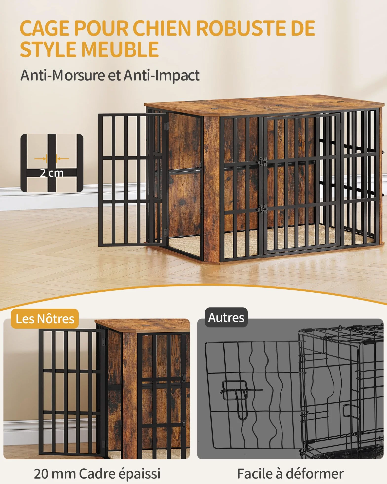Cage pour Chien en Bois Hzuaneri, 120 x 75 x 81 cm, Marron Rustique, Multi-Portes