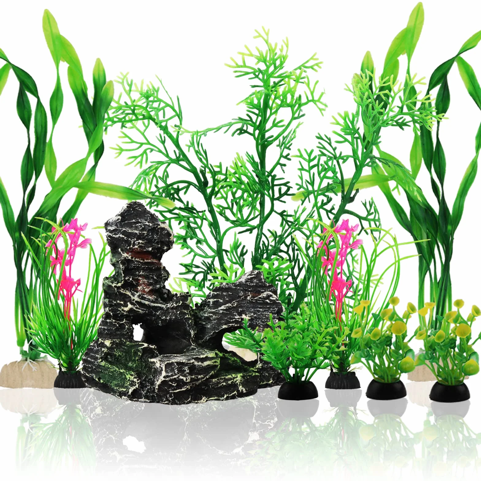 QUOZUO Vert Plantes Artificielle Aquarium Decoration Rocher Polyrésine Grotte Ornement Cachette Poissons 9 Pièces