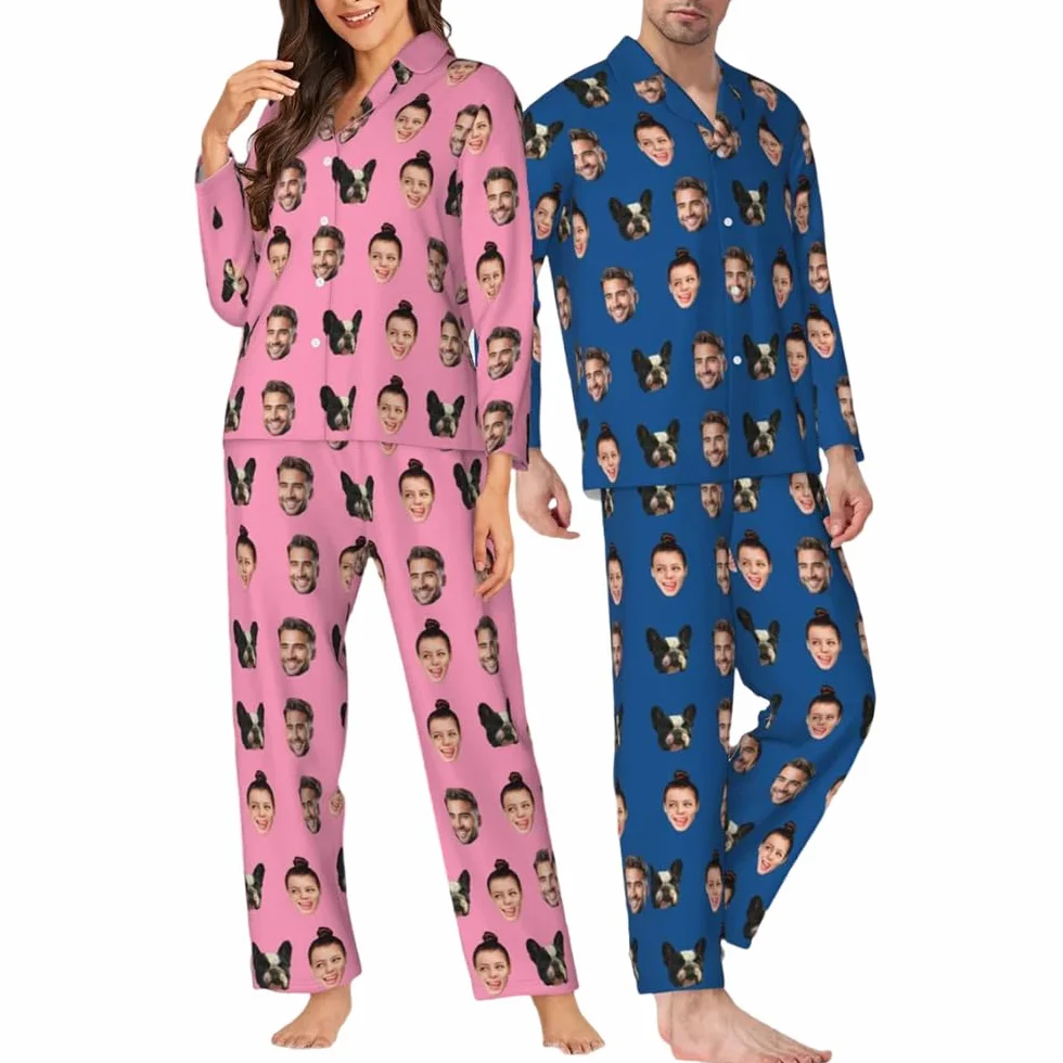 Pyjamas Personnalisés avec Photo Visages Chiens Chats Tenue Famille Assortie Anniversaire