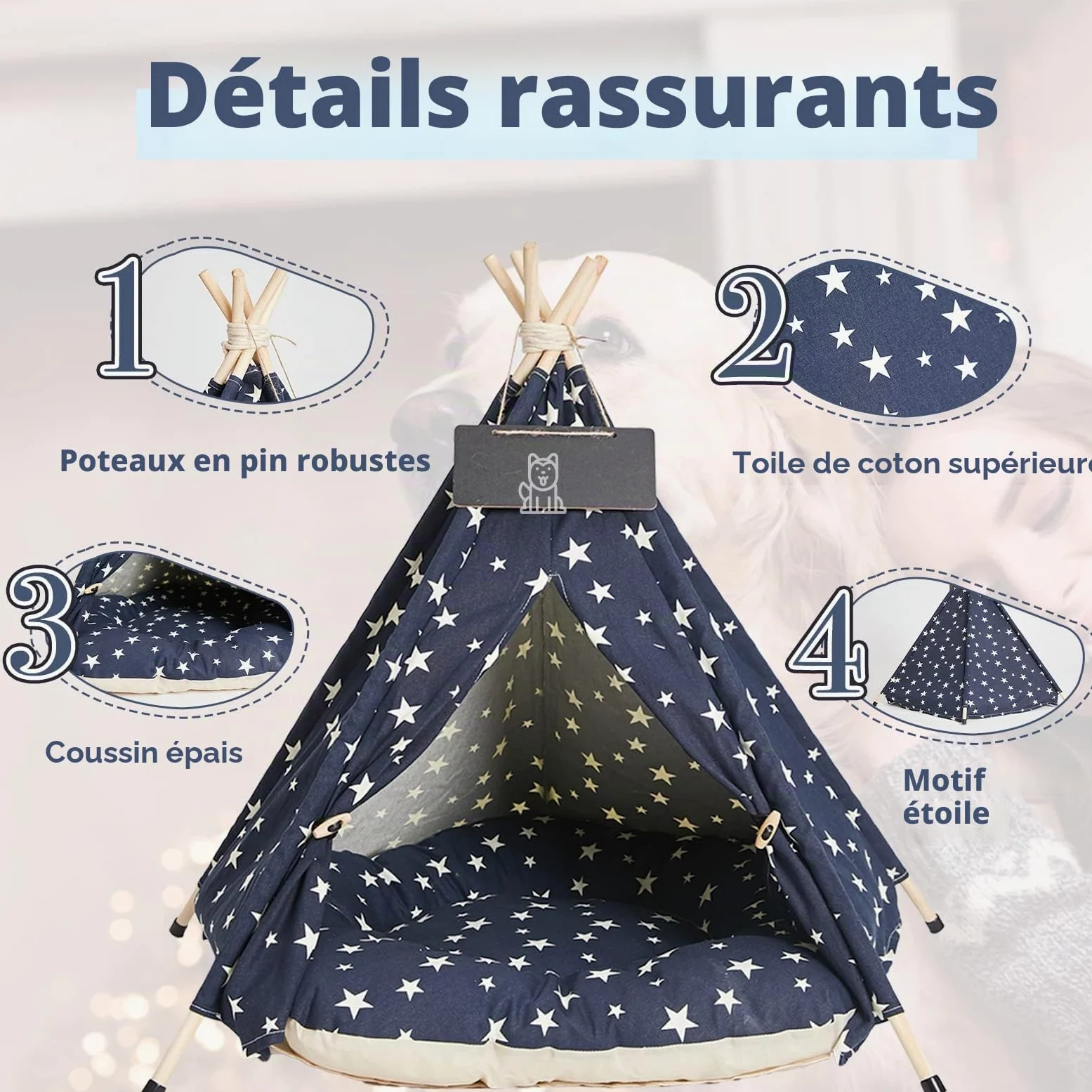 Tipi | Tente Animal de Compagnie de Moyen Taille -Lit Lavable pour Chien&Chats avec Oreillers - Tentes | Maisons pour Animaux avec Oreiller Épais et Tableau