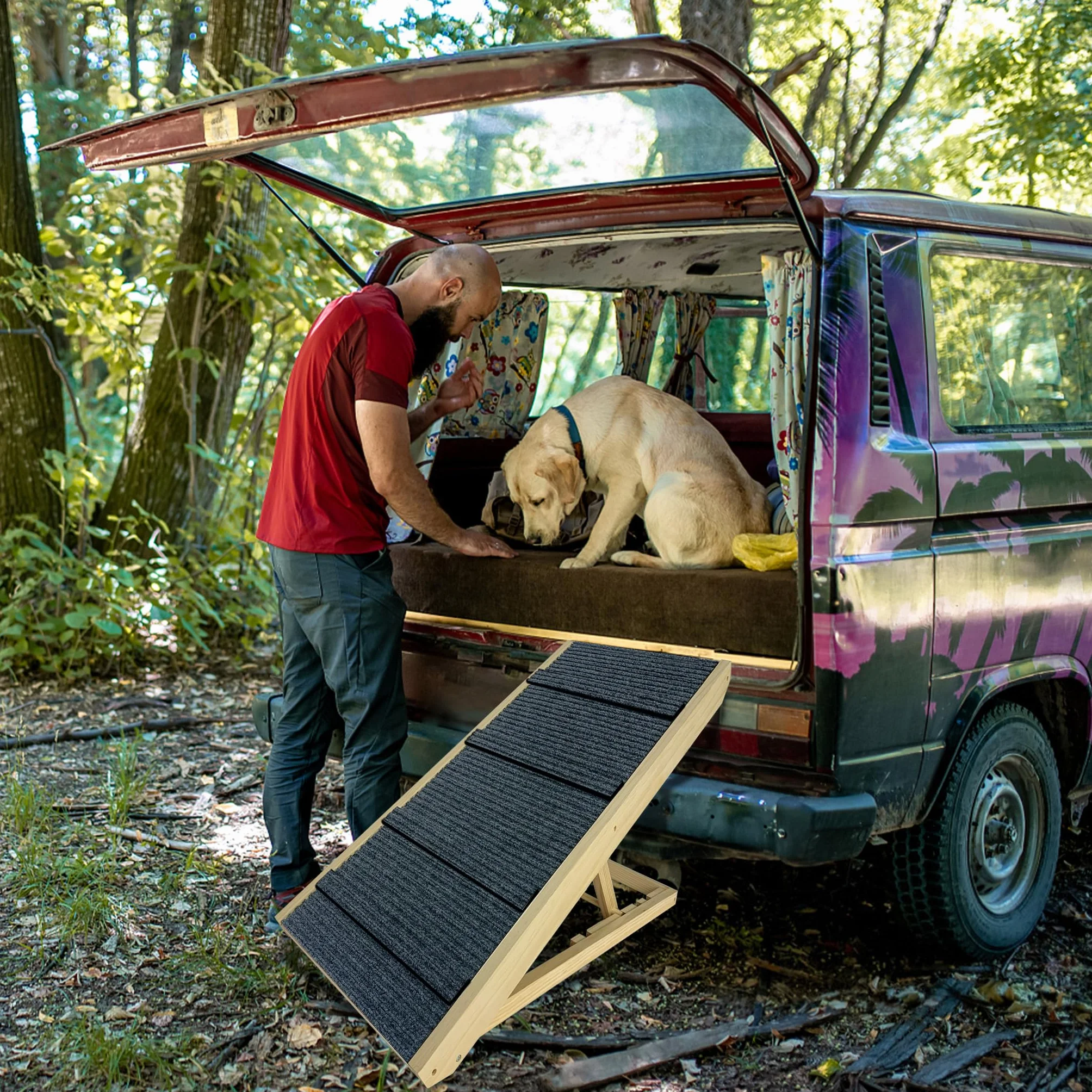 Escalier pour chien pliable en bois avec tapis antidérapant 100 cm pour petits chiens et chats