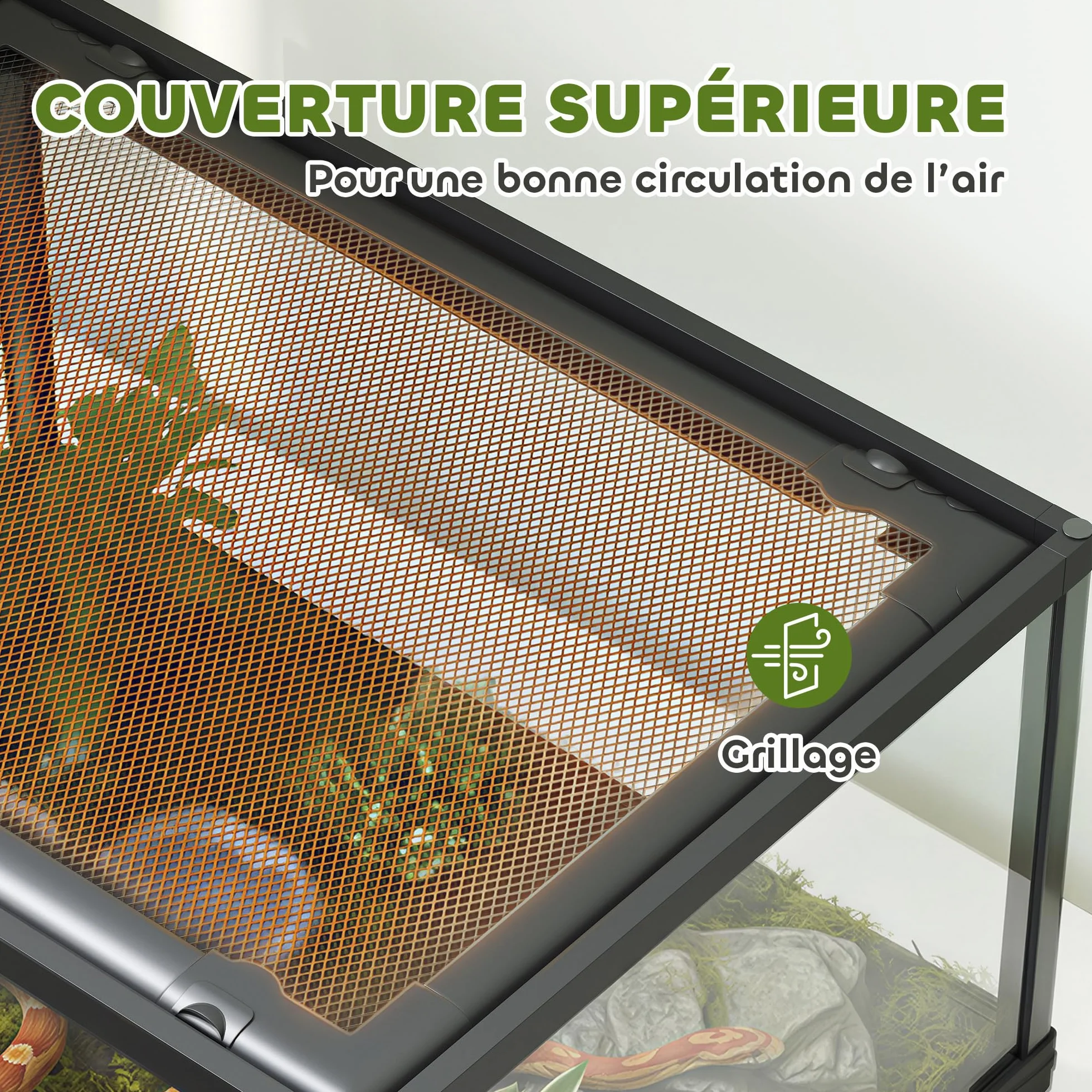 PawHut Terrarium en Verre 86L 60x45x32cm pour Reptiles Lézards Serpents Geckos Porte Coulissante Noir