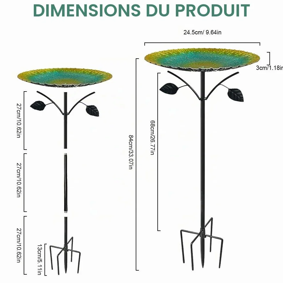 Abreuvoir Oiseaux Extérieur 83cm Métal Bain d'oiseaux avec Base Stable 5 Broches Vert