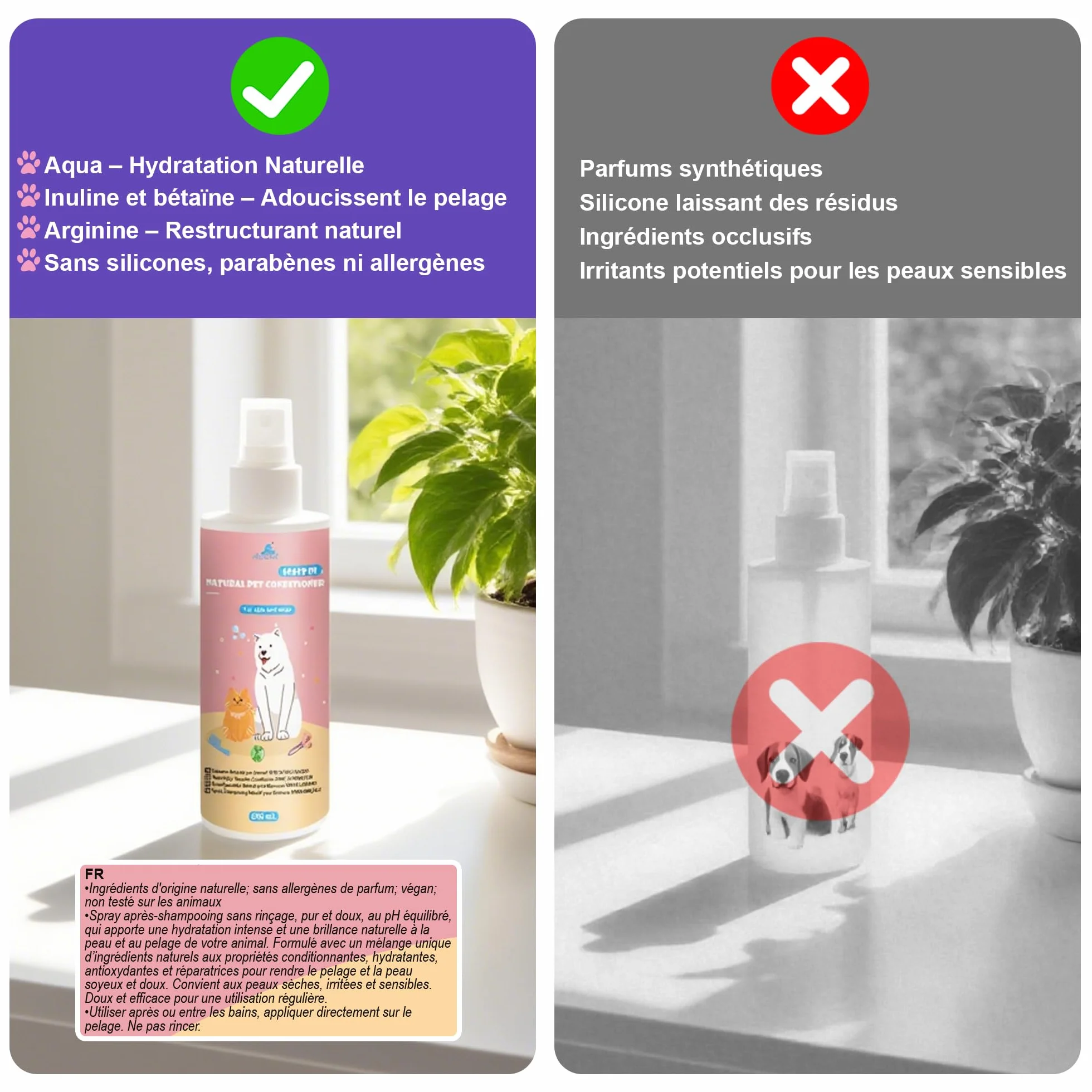 Spray Démêlant pour Chien et Chat, 200ml sans Rinçage, Action Démêlante, Hydratante, Antioxydante Régénérante et Antioxydante, Adapté aux Animaux Domestiques à la Peau Sèche, Irritée, Sensible