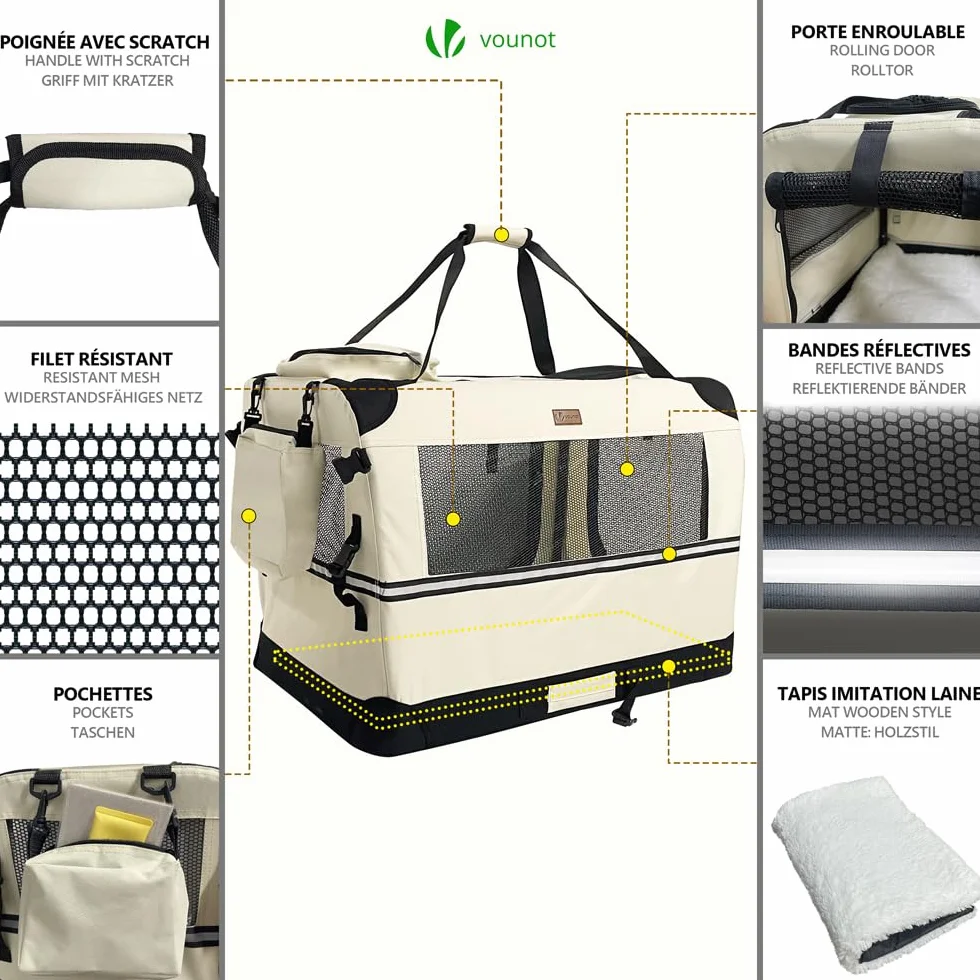 VOUNOT® Sac Transport Pliable pour Chien et Chat Caisse de Transport Respirant avec Matelas en Peluche Amovible Porté par Main/Bandoulière Idéal pour Animaux Domestiques M Beige