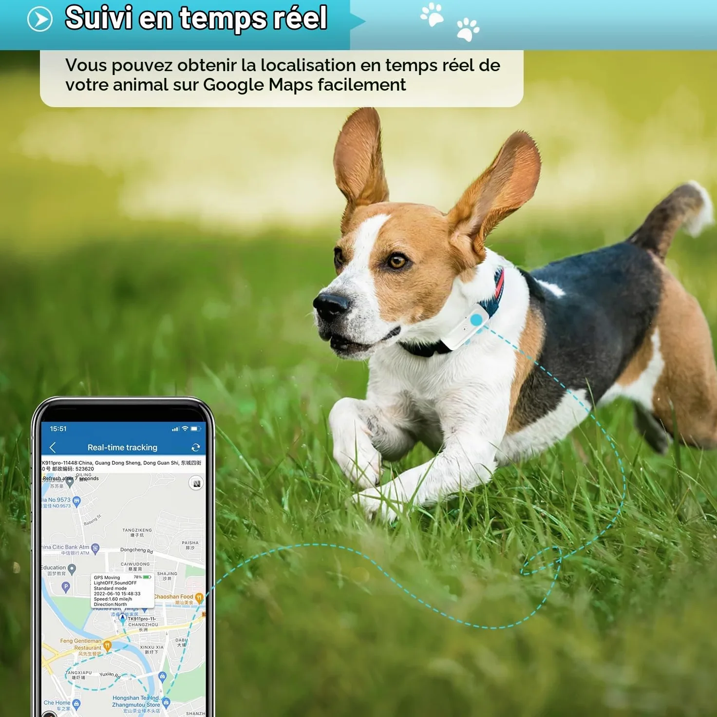 4G TK911 Pro Traqueur GPS sans fil étanche pour empêcher les chiens de se perdre
