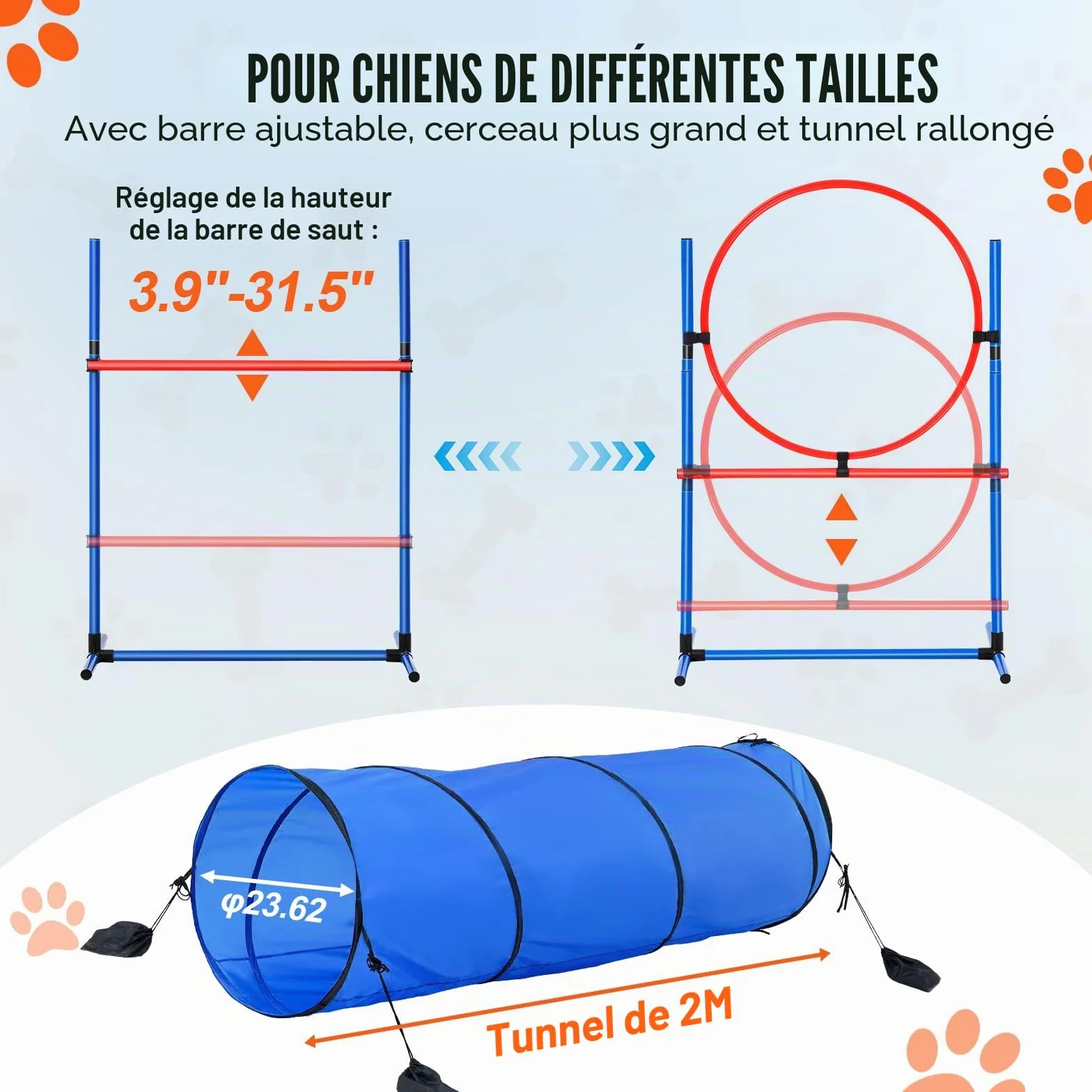 VEVOR Équipements d'Entraînement Agilité pour Chien, Ensemble 5PCS, Parcours Obstacles pour Chiot, avec Haies Hautes Réglables, 6 Poteaux, Tunnel, Anneau de Saut, Boîte de Pause, Sifflet, Bol Pliable