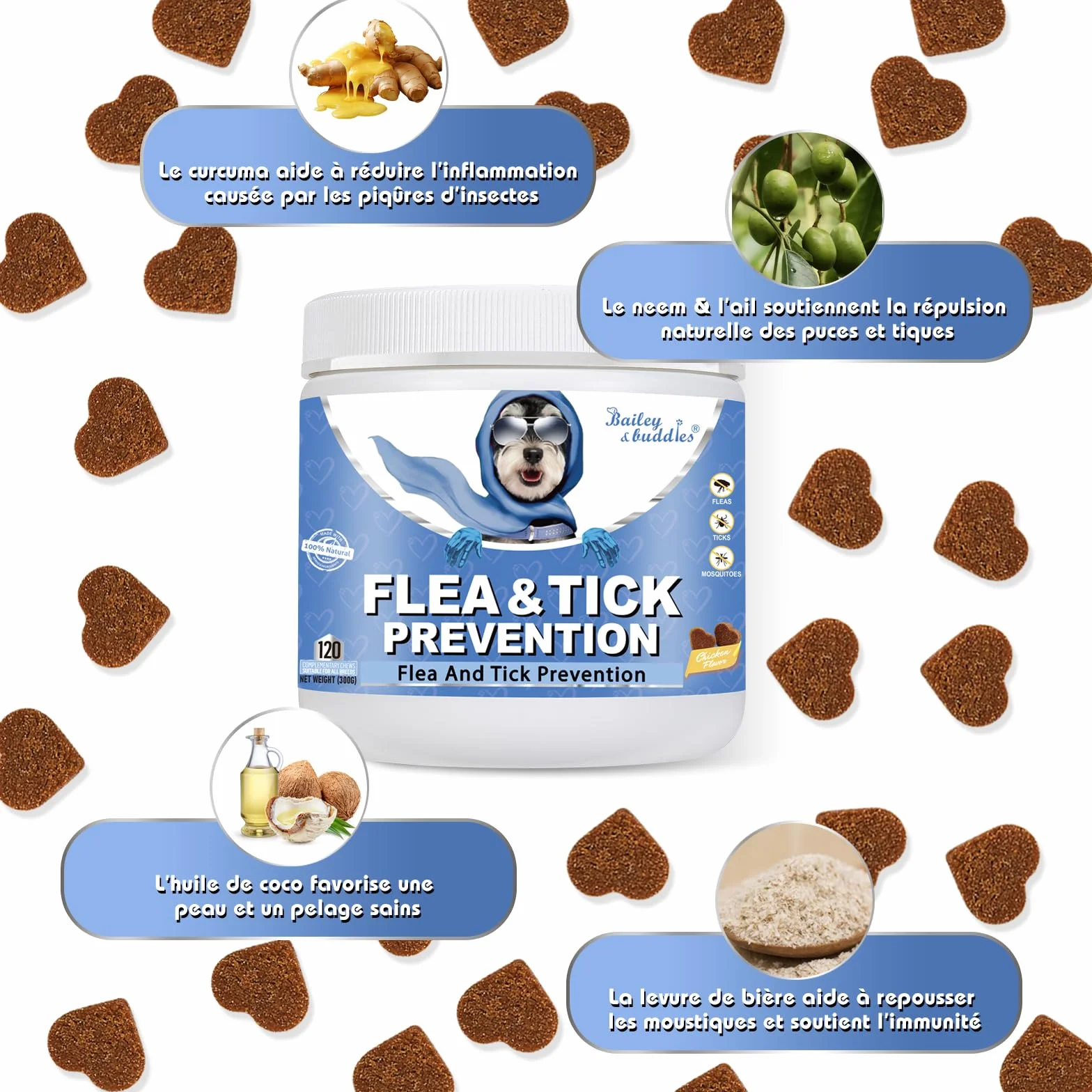Flea and Tick Chewables for Dogs Omega 3 Probiotiques Poulet 300g