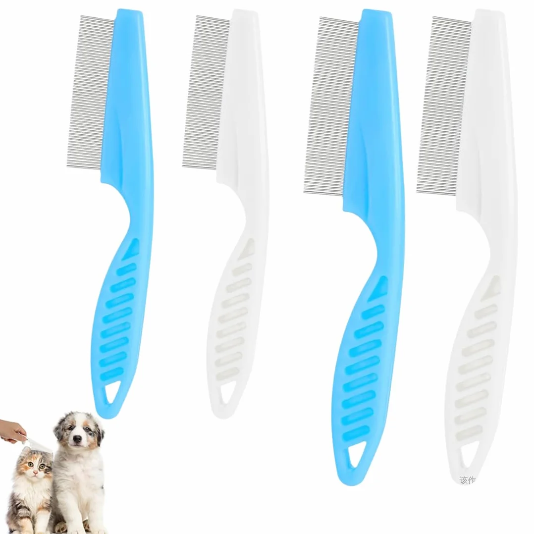 4 Pièces Peigne Anti Puces Peigne Anti Puces Pour Chat Et Chien Pour Poils Longs Pour Enlever Les Puces Les Tiques Les Taches De Larmes Et Les Pellicules Blanc Bleu