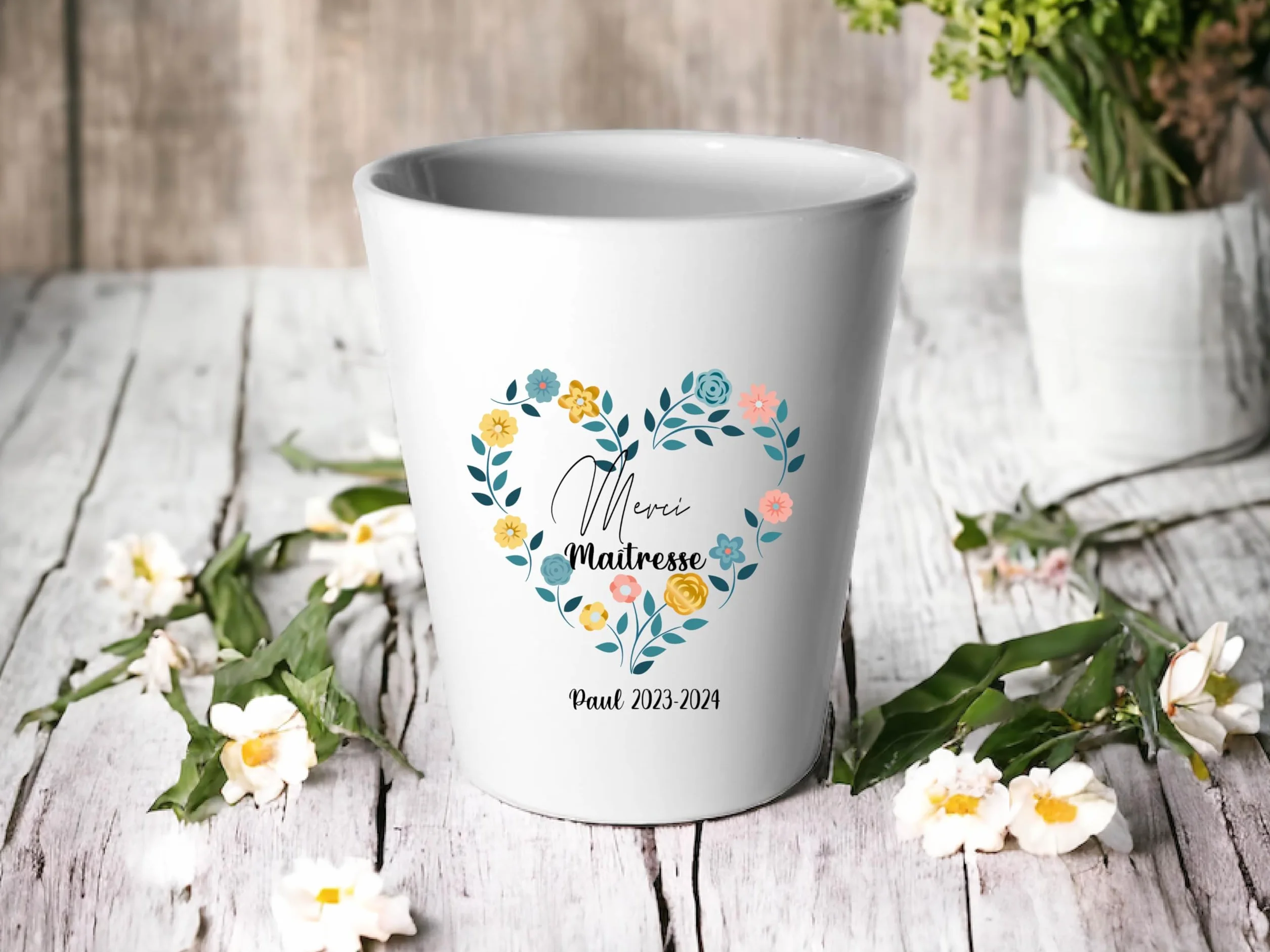 Petit Cache-Pot Merci Maîtresse Céramique 90 mm Couronne de Fleurs Cœur Personnalisé