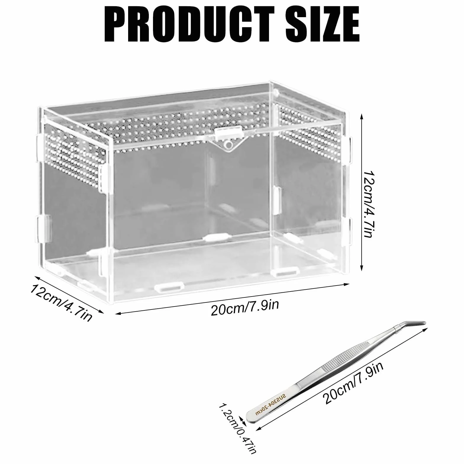 Boîte d'alimentation pour reptiles en acrylique 20x12x12 cm Mini terrarium transparent Avec tweezer en acier inoxydable