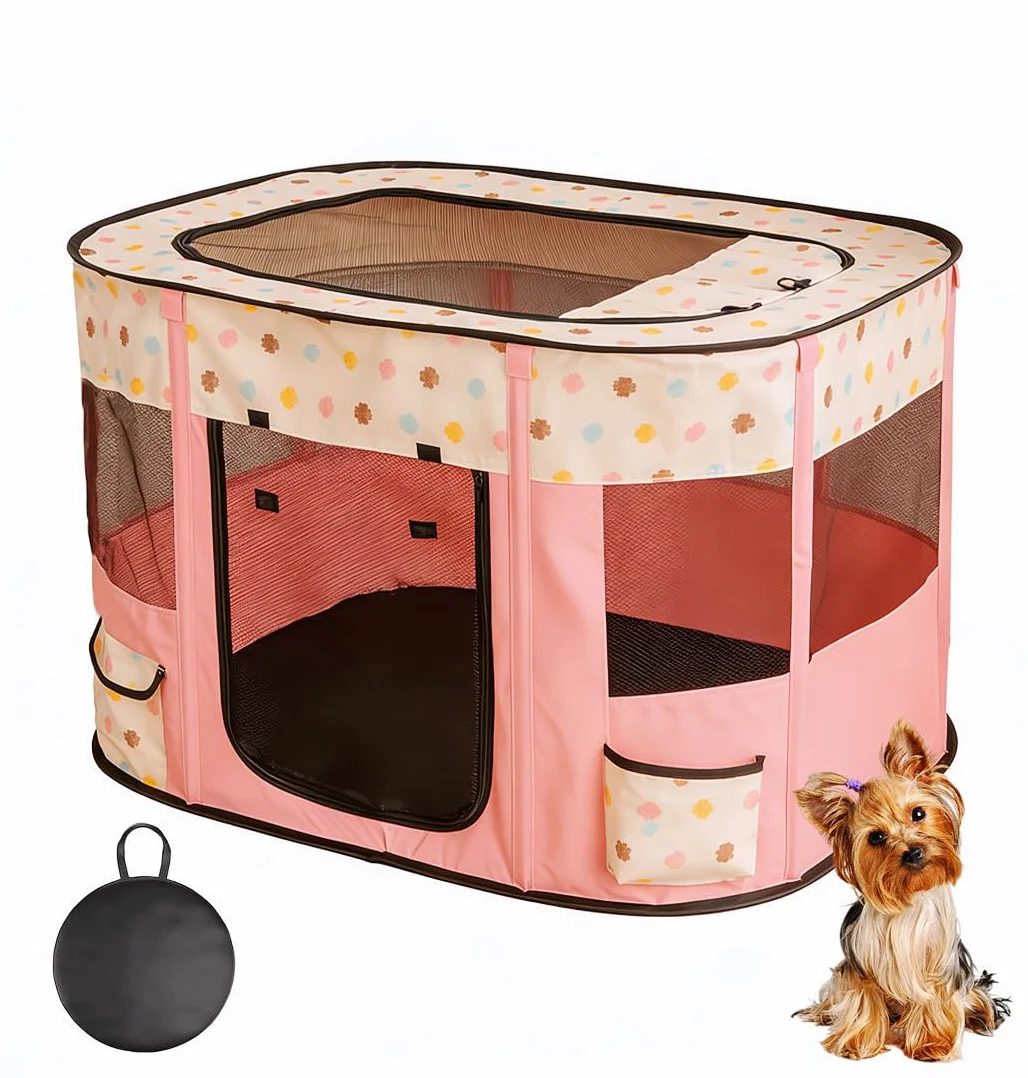 Niche Portable pour Animaux 80x60x55cm Pliable Rectangulaire avec Sac de Transport Rose