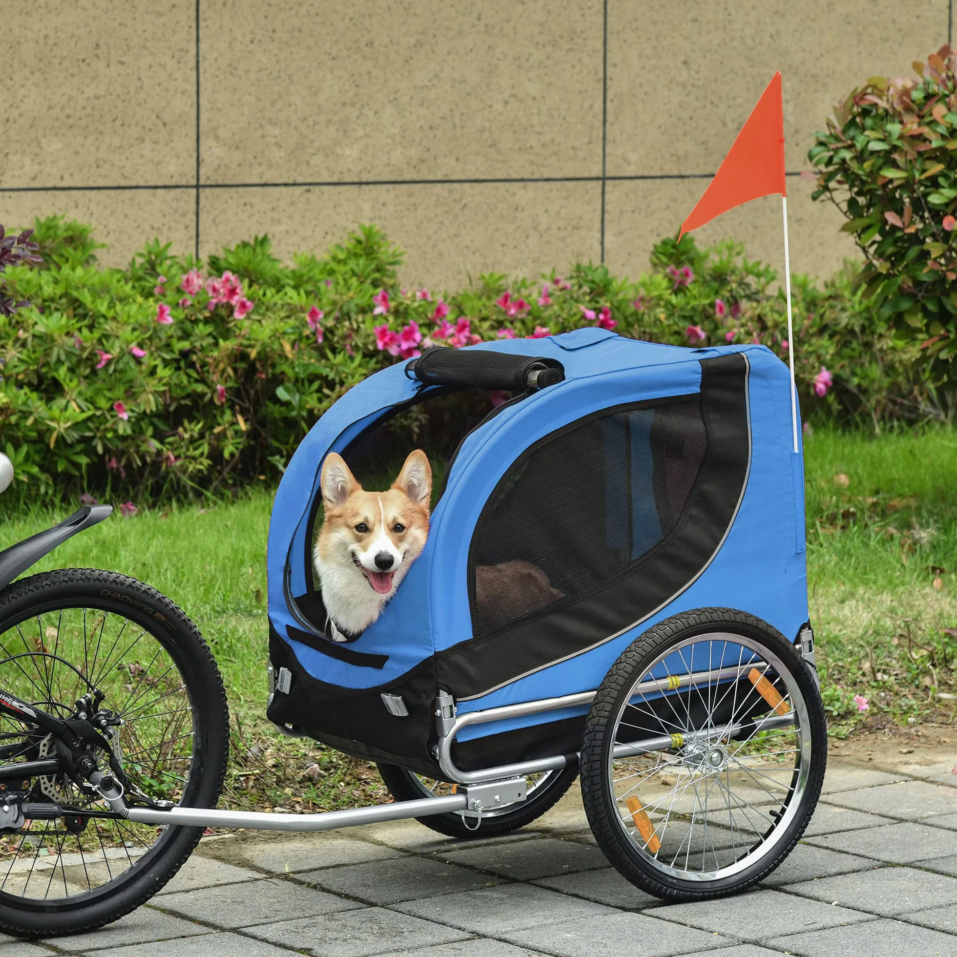 PawHut Remorque Velo pour Chien Animaux avec 8 Reflecteurs Drapeau Bleu Noir