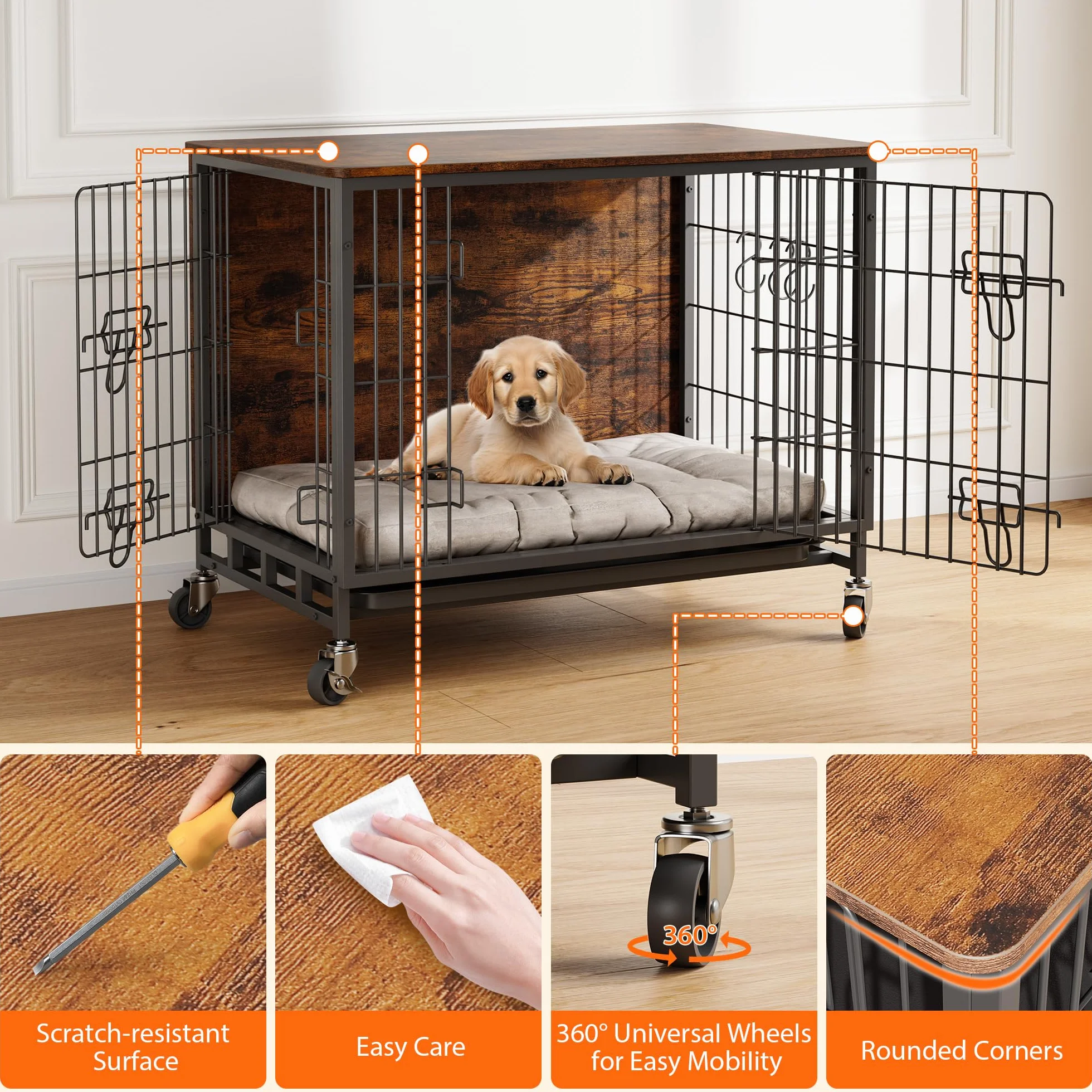 Cage pour chien meuble avec 2 portes et 4 roues 83 x 56 x 64 cm niche intérieur moderne table en bois