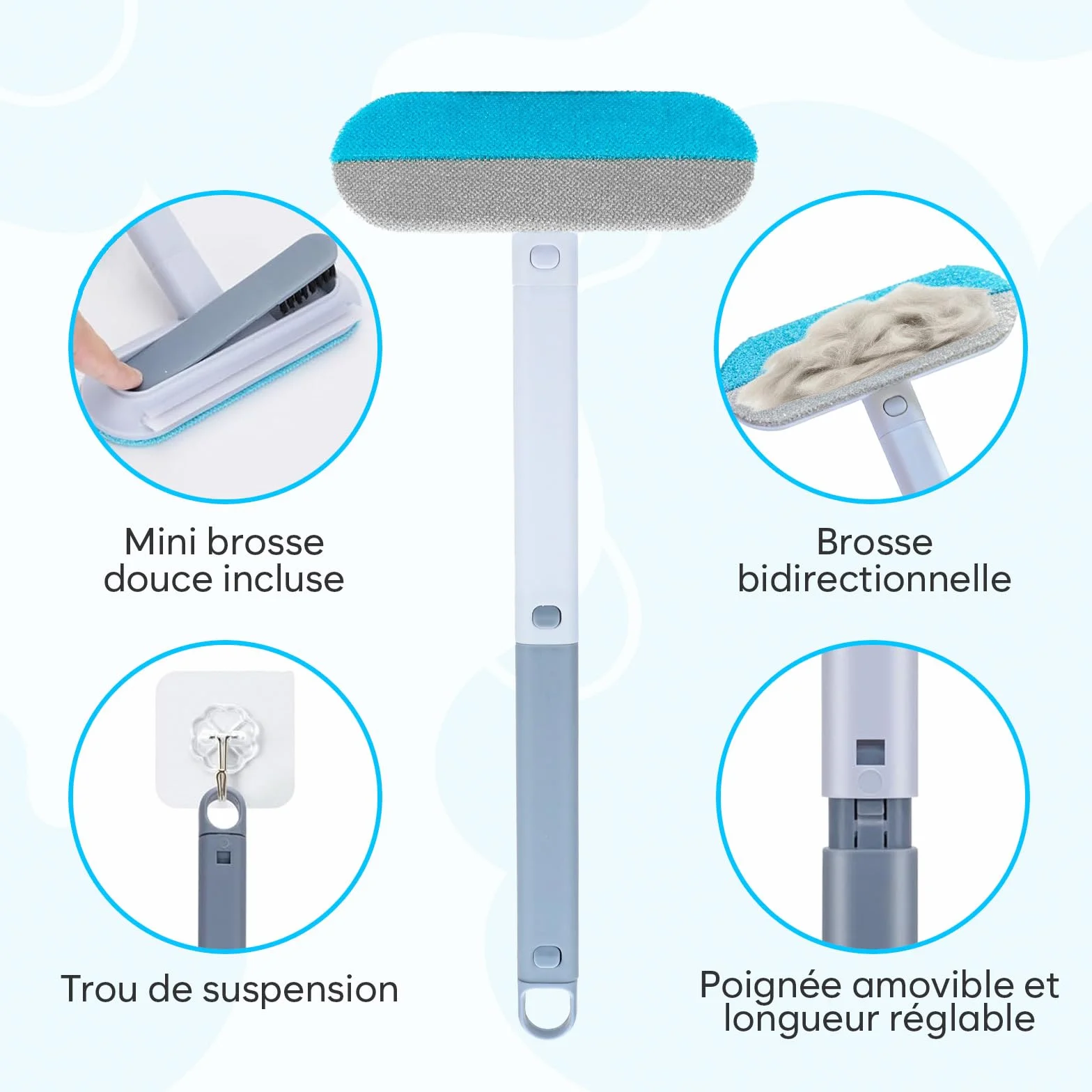 Ramasse-Poils Réutilisable pour Canapé, Tapis & Textiles, Brosse à Poils Animaux, Manche Amovible