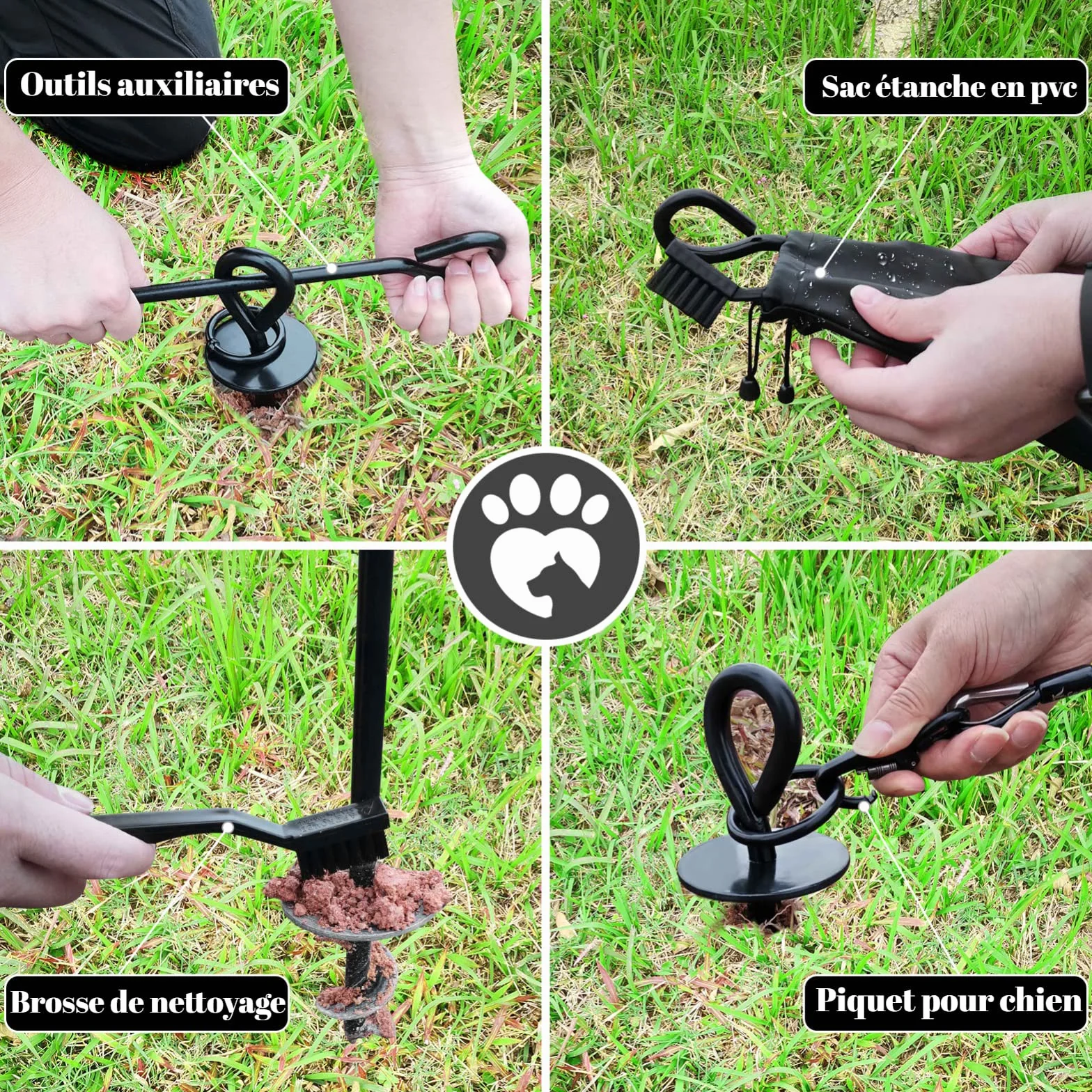 Ancre de Sol Chien pour Jardin Plage Camping, 4pcs piquets Chien avec Brosse/Sac de Rangement,Piquet Chien Cravate Chien pour Petit, Moyen ou Grand Chien