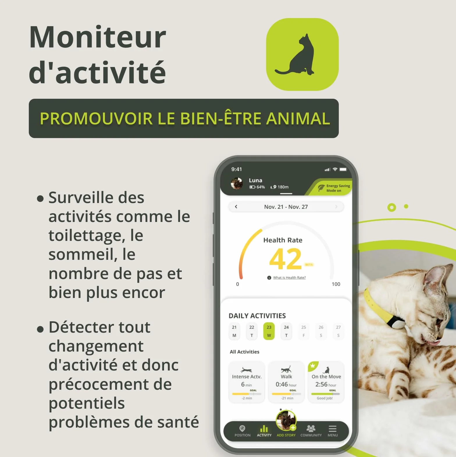 KIPPY Collier GPS pour Chats Kippy Cat Color – Traceur GPS de Santé et d'Activité Anti-étranglement avec Alerte Instantanée