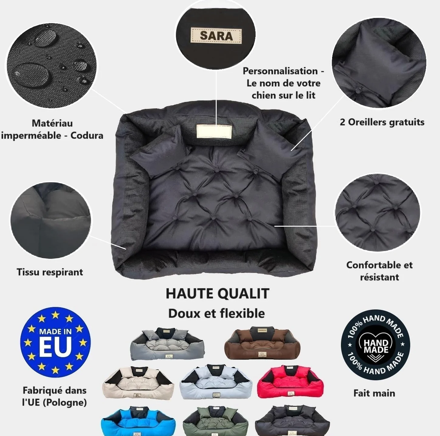 KING DOG Lit pour Grands Chiens 100x75 Noir Coussin Imperméable Canapé Adapté au Lavage