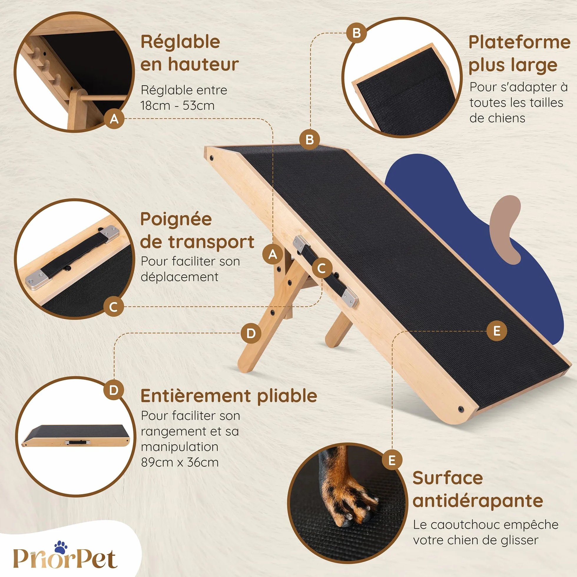 Rampe pour Chien Pliable et Réglable 18-53 cm - Surface Antidérapante - Bois de Bouleau Naturel
