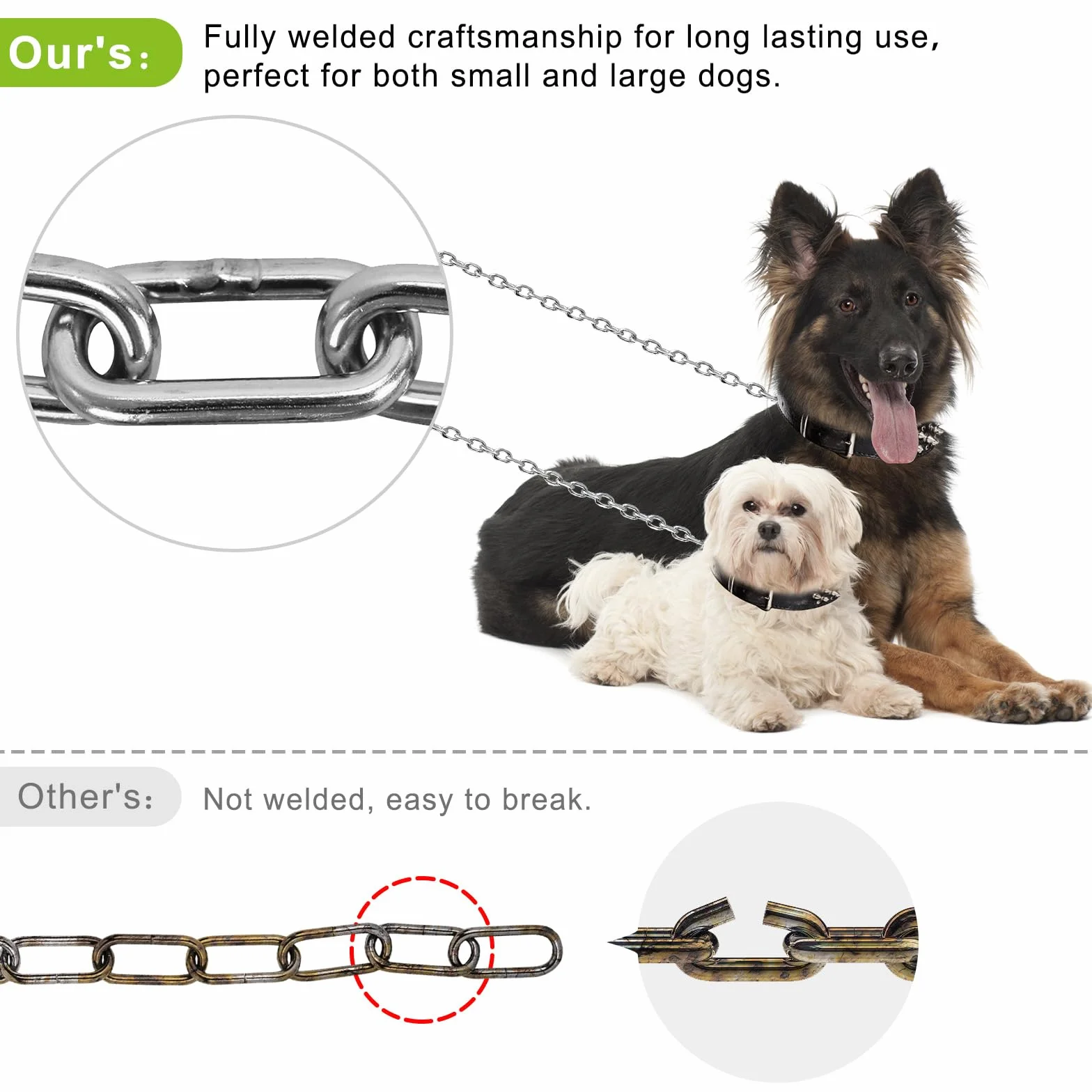 Laisse Chien Chaîne 15FT Anti-Rouille Acier Inoxydable Rotatif 360° Piquet d'attache pour Chiens