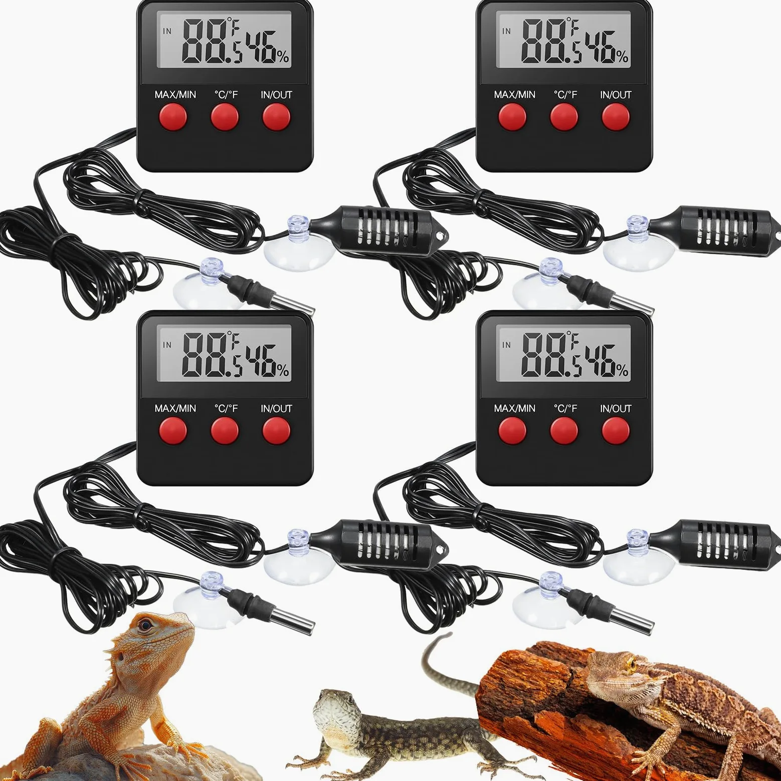 Weewooday Lot de 4 thermomètres et hygromètres pour reptiles et terrariums avec sondes pour intérieur et extérieur