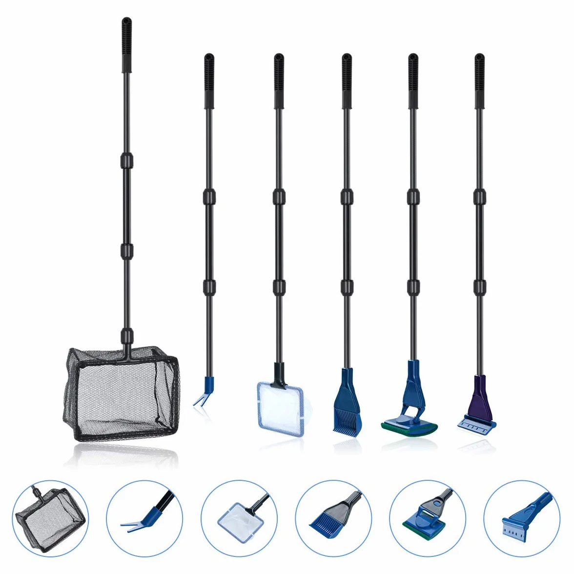 Kit de nettoyage d'aquarium 6 en 1 avec épuisette, râteau à gravier, pince à plantes, raclette, éponge et connecteur