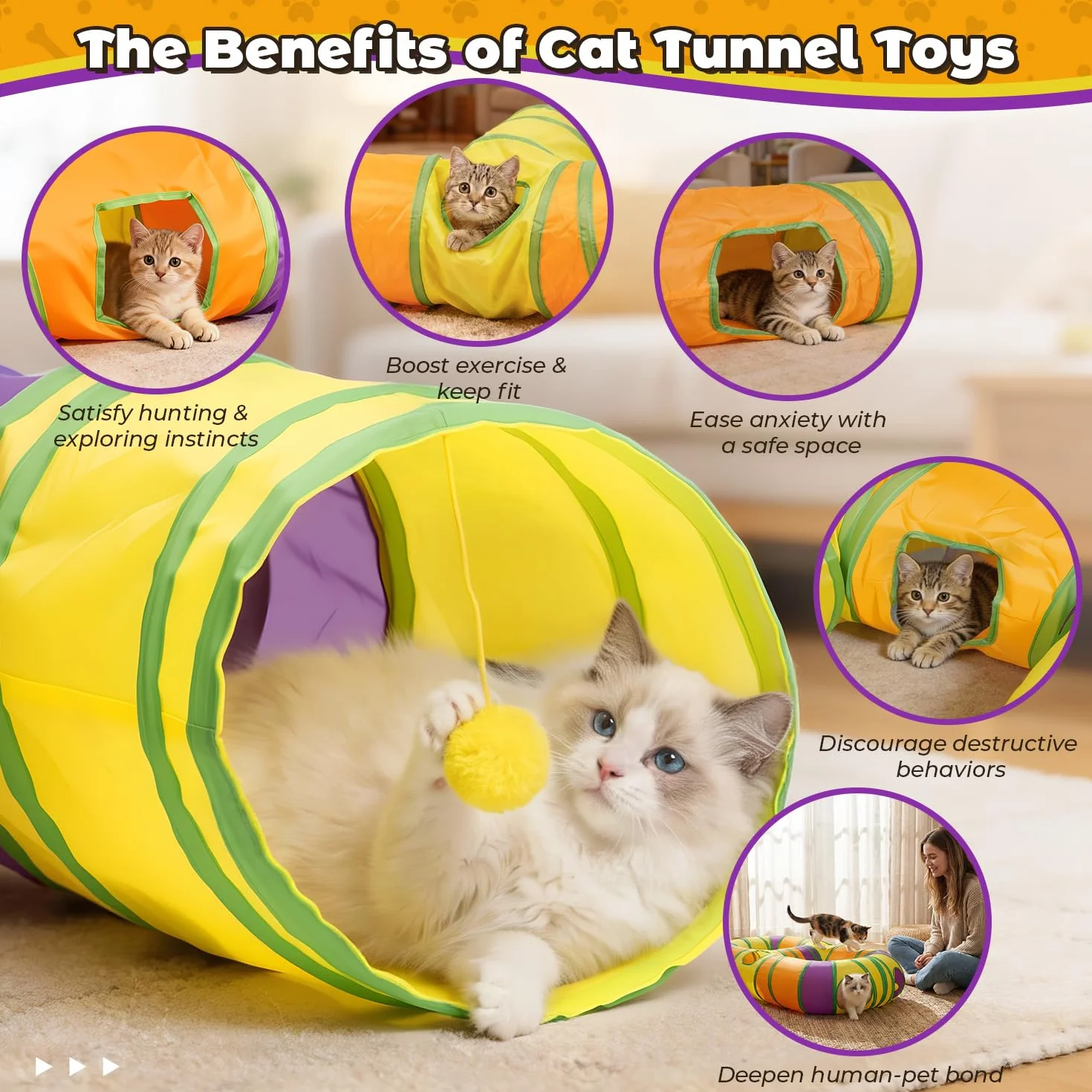 Tunnel de Jeu pour Chat Interieur en Forme de 8, Jouer Tube pour Chat avec Pompons Suspendus et Trou interactif pour Chatons, Chiots, Lapins, furets, cochons d'Inde
