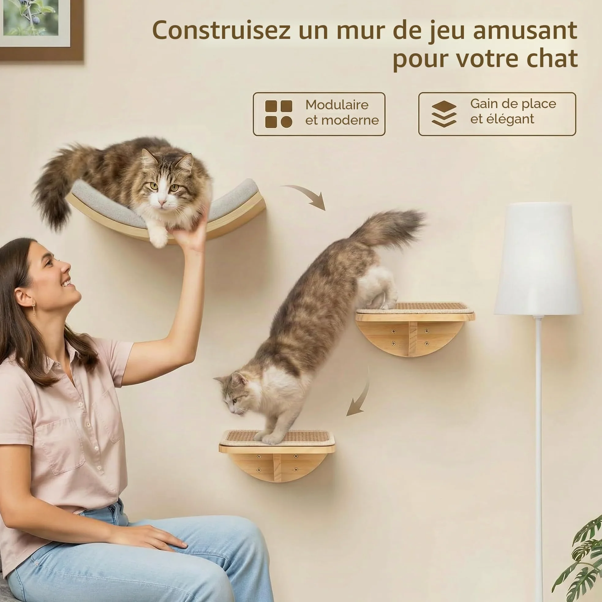 Lot de 3 escaliers muraux pour chat avec 2 marches d'escalade et plates-formes incurvées - En bois - Pour escalade, jouer, dormir
