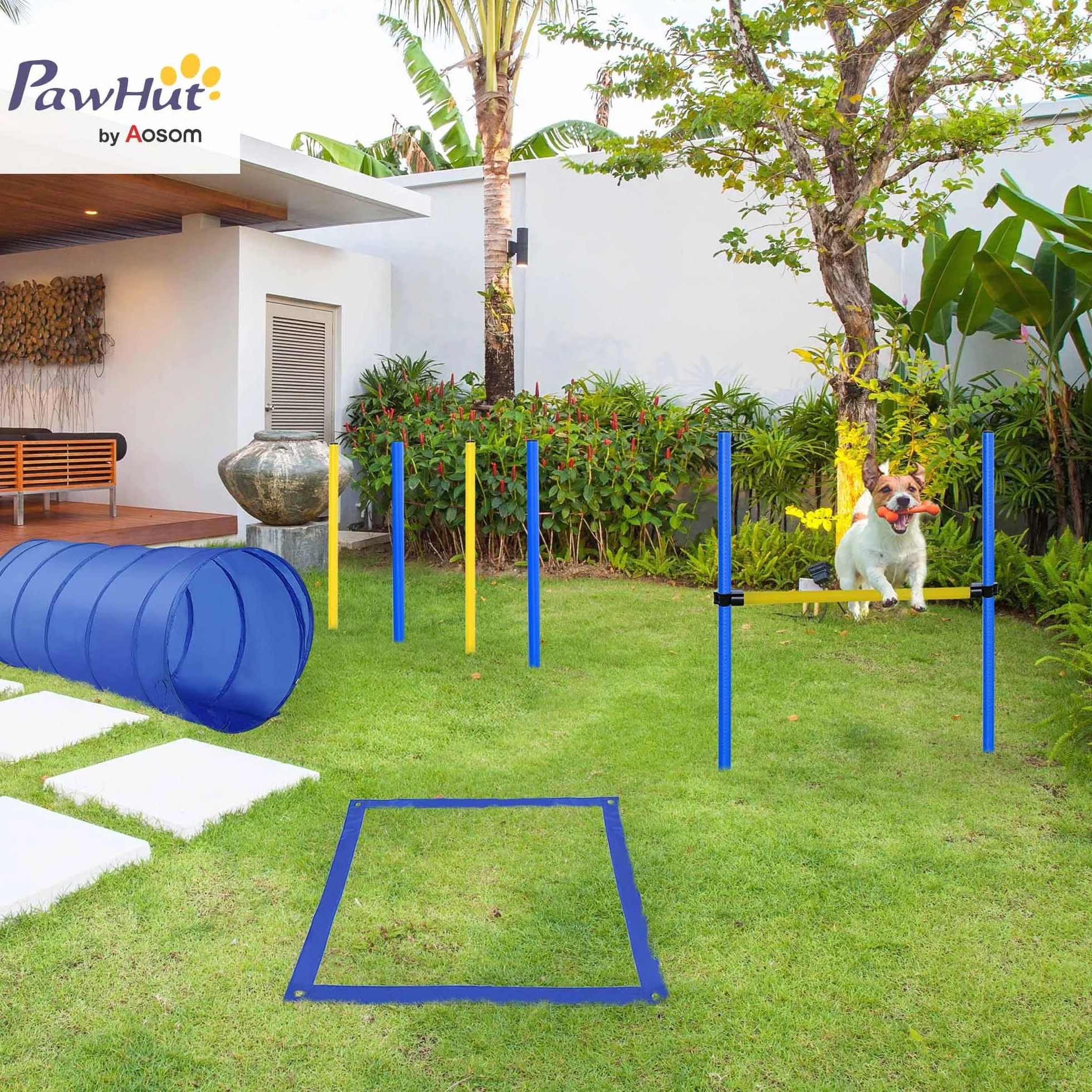 PawHut Agility Sport pour Chiens - Équipement Complet avec Tunnel, Slalom, Zone Repos et 2 Sacs de Transport Bleu Jaune