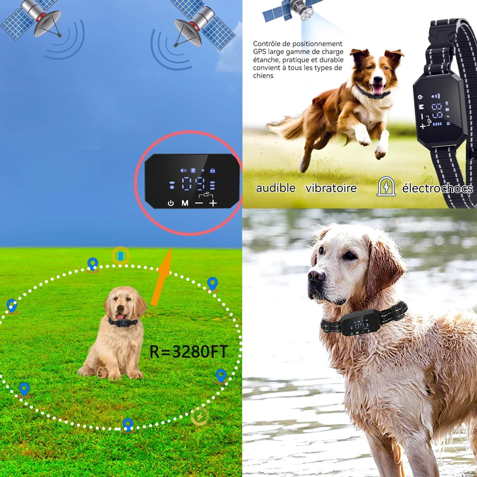 Collier Anti aboiement de Dressage Confozen 3 Warning Modes-Sangle réfléchissante réglable-Rayon de portée 30-300 m pour 15-120LBS GPS Dog Collar
