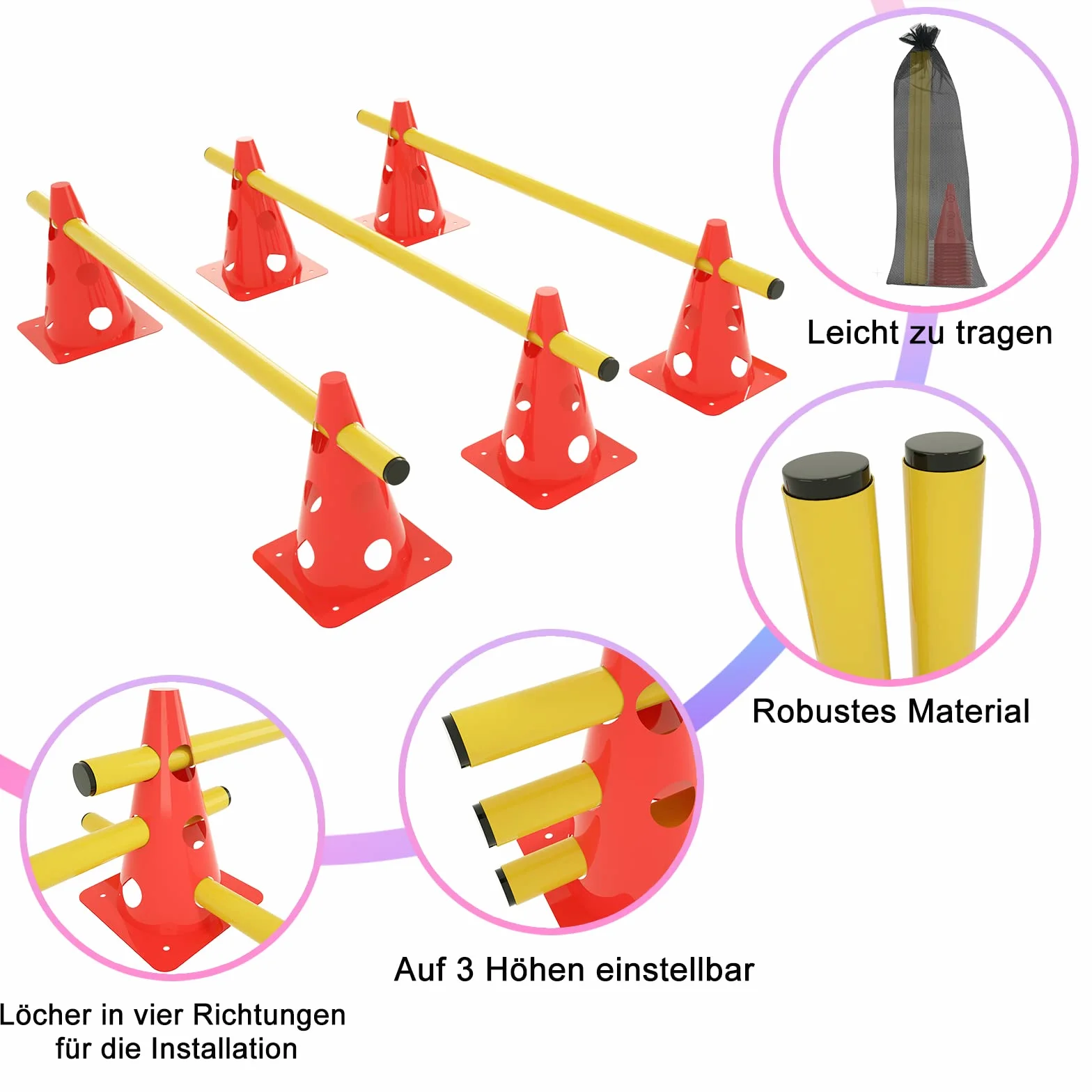 Lot de 6 obstacles d'agility pour chiens avec 12 cônes et 6 barres réglables 32 x 100 cm