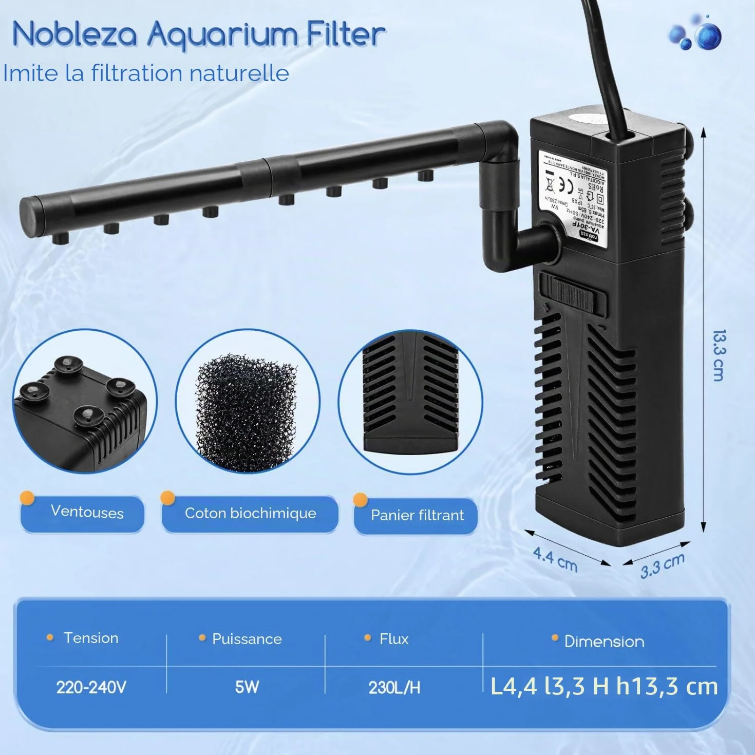 Filtre Intérieur Aquarium 5W 230L/H 20-50L pour Petit Réservoir Froide ou Tropicaux