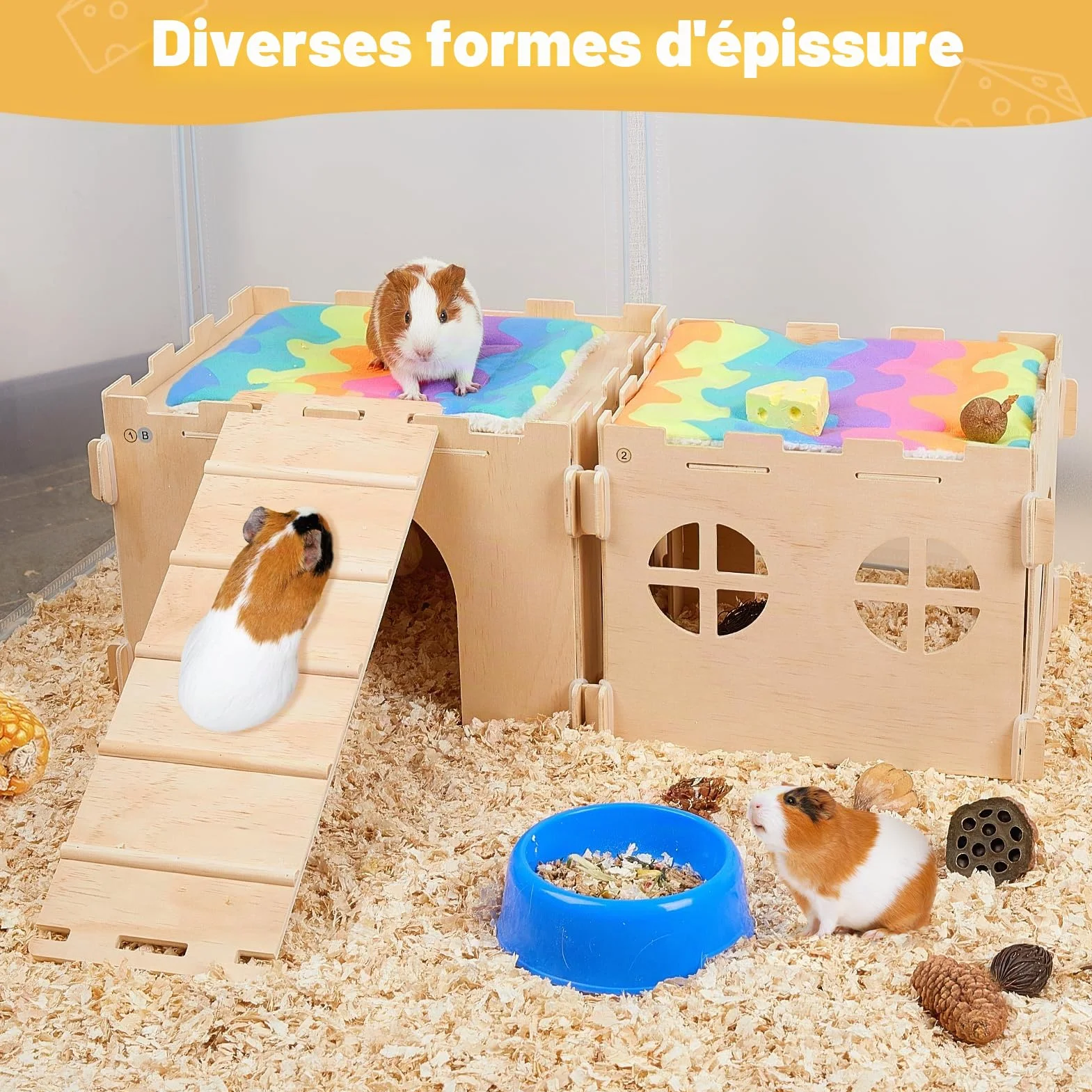 Cabane en Bois pour Cochons d’Inde, Maison Cachette pour Petits Animaux avec Rampe, Plusieurs Portes et Fenêtres, Accessoire pour Hamsters et Autres Petits Animaux