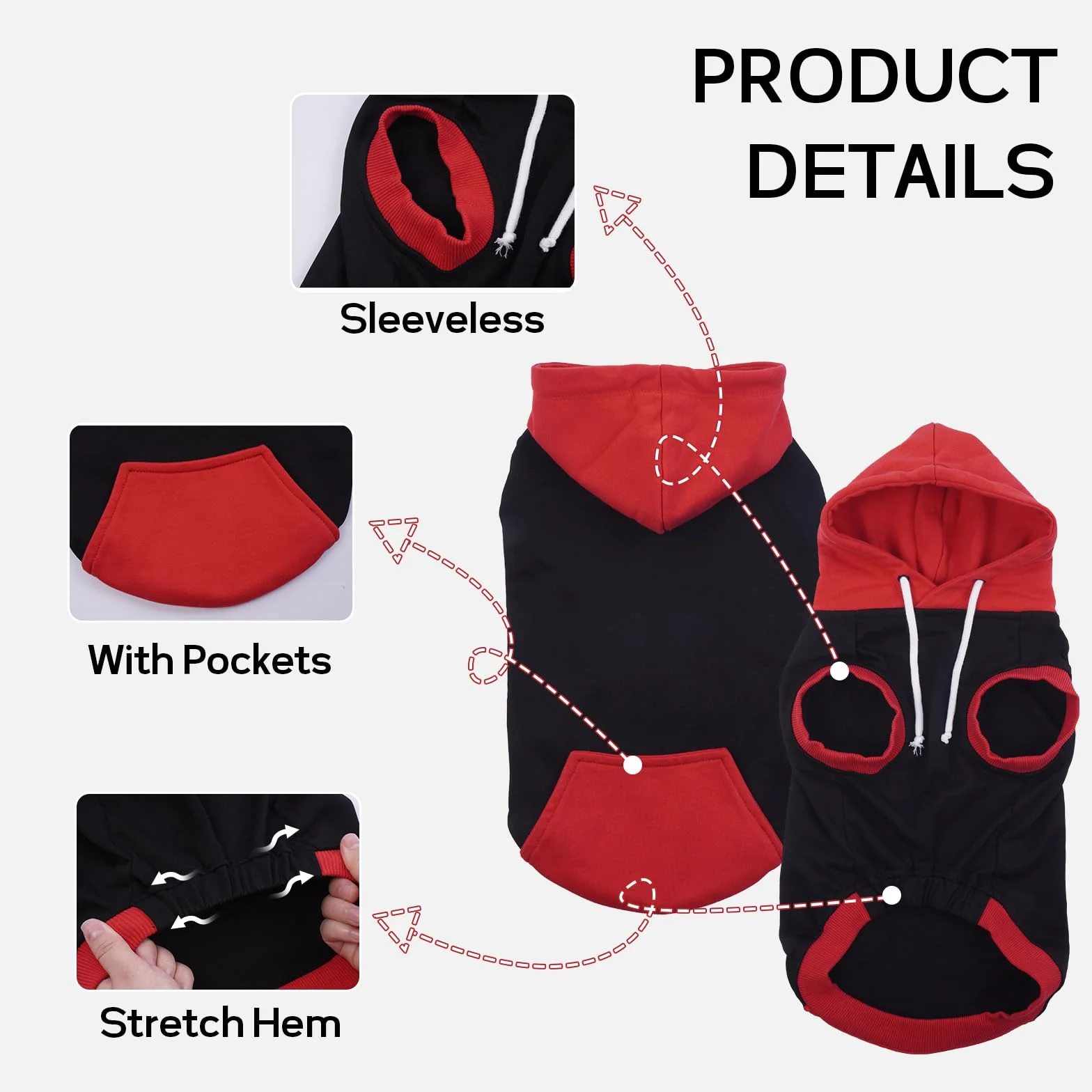 Sweats à Capuche pour Chiens sans Manches en Coton Pull Chien Rouge