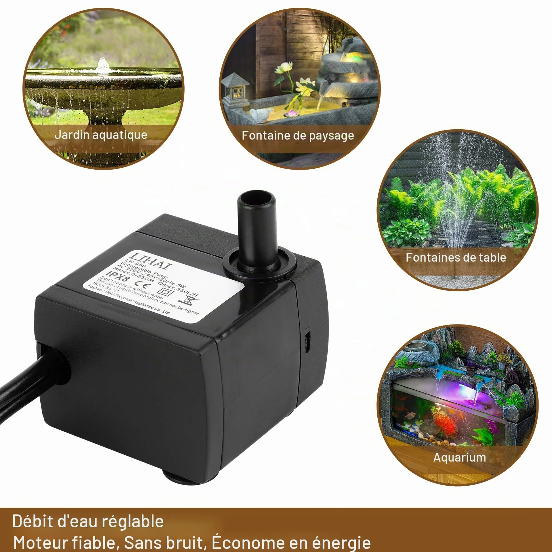 Mini pompe à eau LED 350 l/h 3,5 W submersible aquarium jardin fontaine rocaille 0,85 m