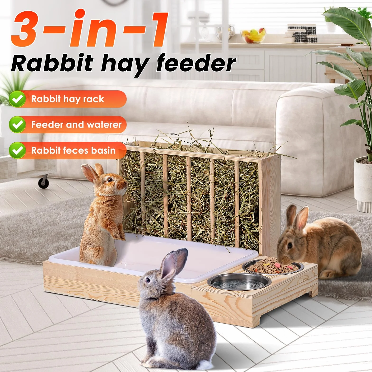 Râtelier à foin 3 en 1 pour lapin en bois avec deux bols distributeur nourriture petits animaux
