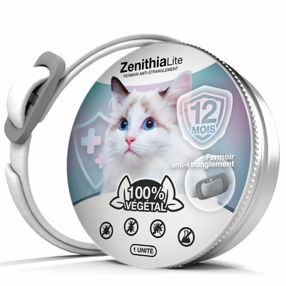 Collier Antiparasitaire Chat ZENITHIA Lite 48 cm Anti-Puces Tiques Moustiques 12 Mois Protection Étanche