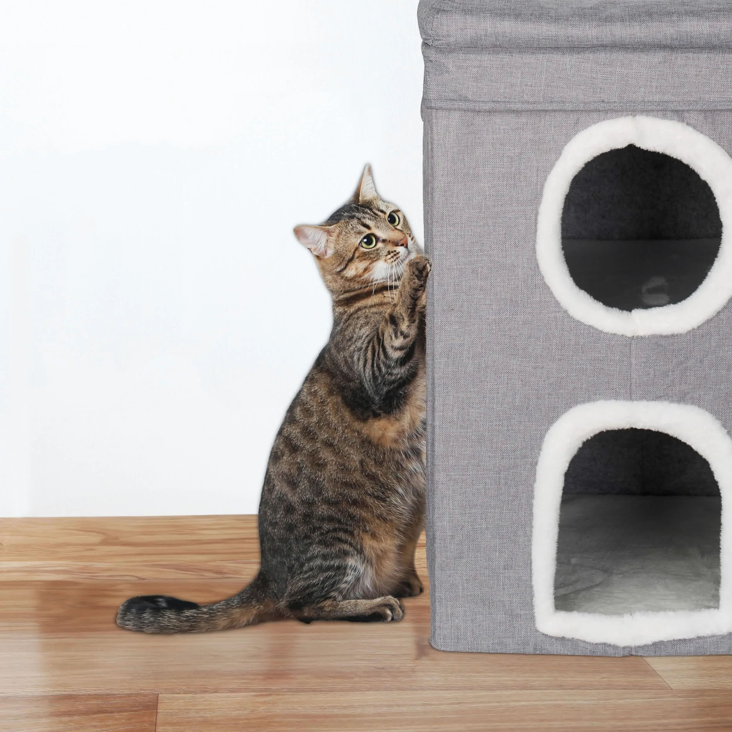 Relaxdays Niche pour Chat, 2 Trous et Surface, Maison Pliable avec griffoir, HLP : 63 x 40 x 40 cm, Gris/Blanc