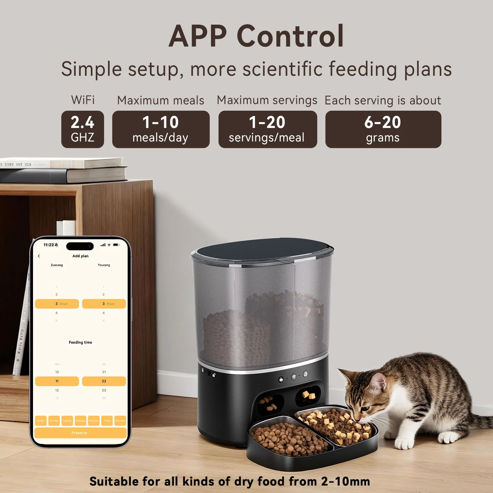 Distributeur Croquettes Chat Automatique WiFi 2.4G 8L Acier Inoxydable 2 Bols