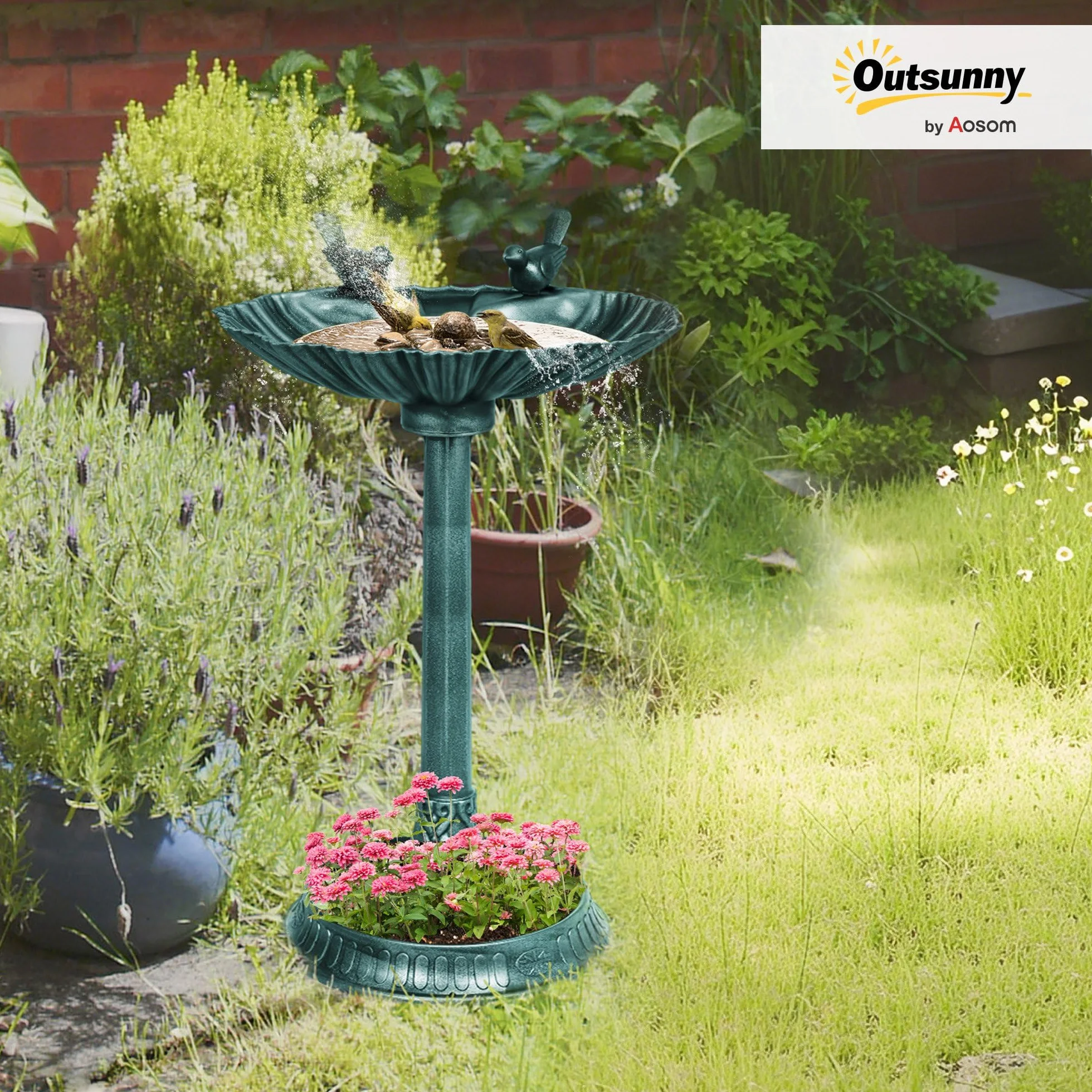 Outsunny Bain d'oiseaux Antique 81 cm avec Base de jardinière, Mangeoire, Bassin sur Pied, Style Vintage, Bronze Vert