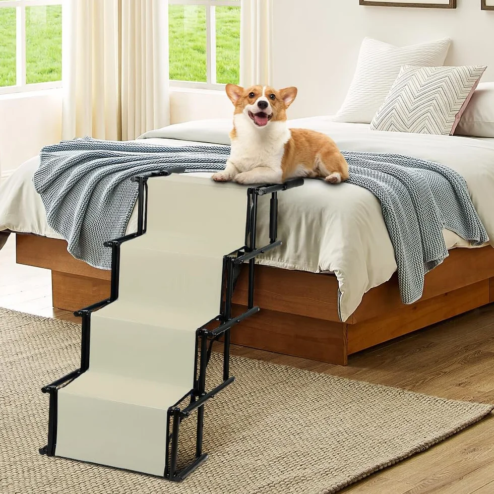 Rampe de Voiture Pliable pour Chien, Escalier à 4 Marches pour Animaux de Compagnie, Utilisable pour Tous Les véhicules, Chargable jusqu'à 75 kg Imperméable Polyester Oxford Métal (Beige)